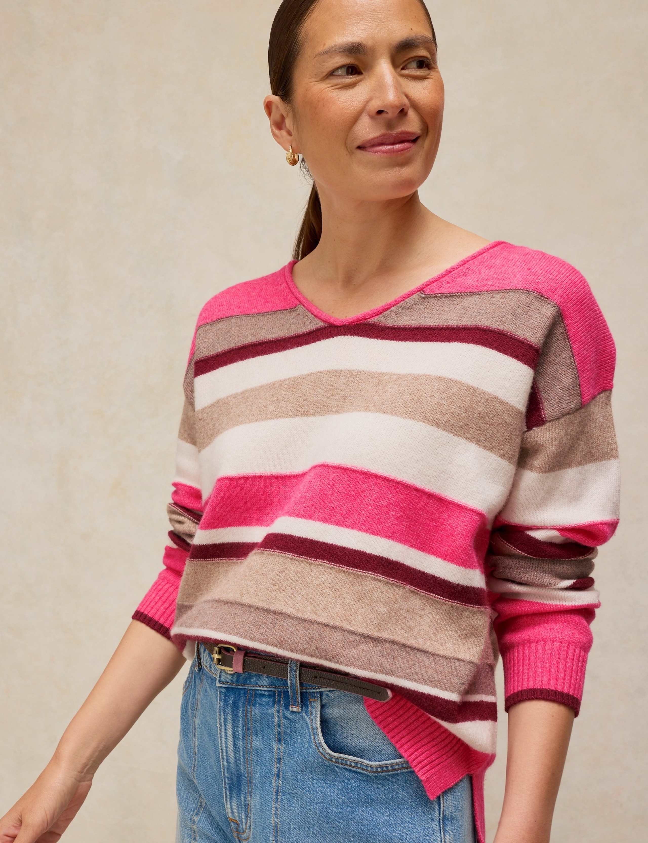 Wool Blend Striped V-Neck Jumper 1 of 6