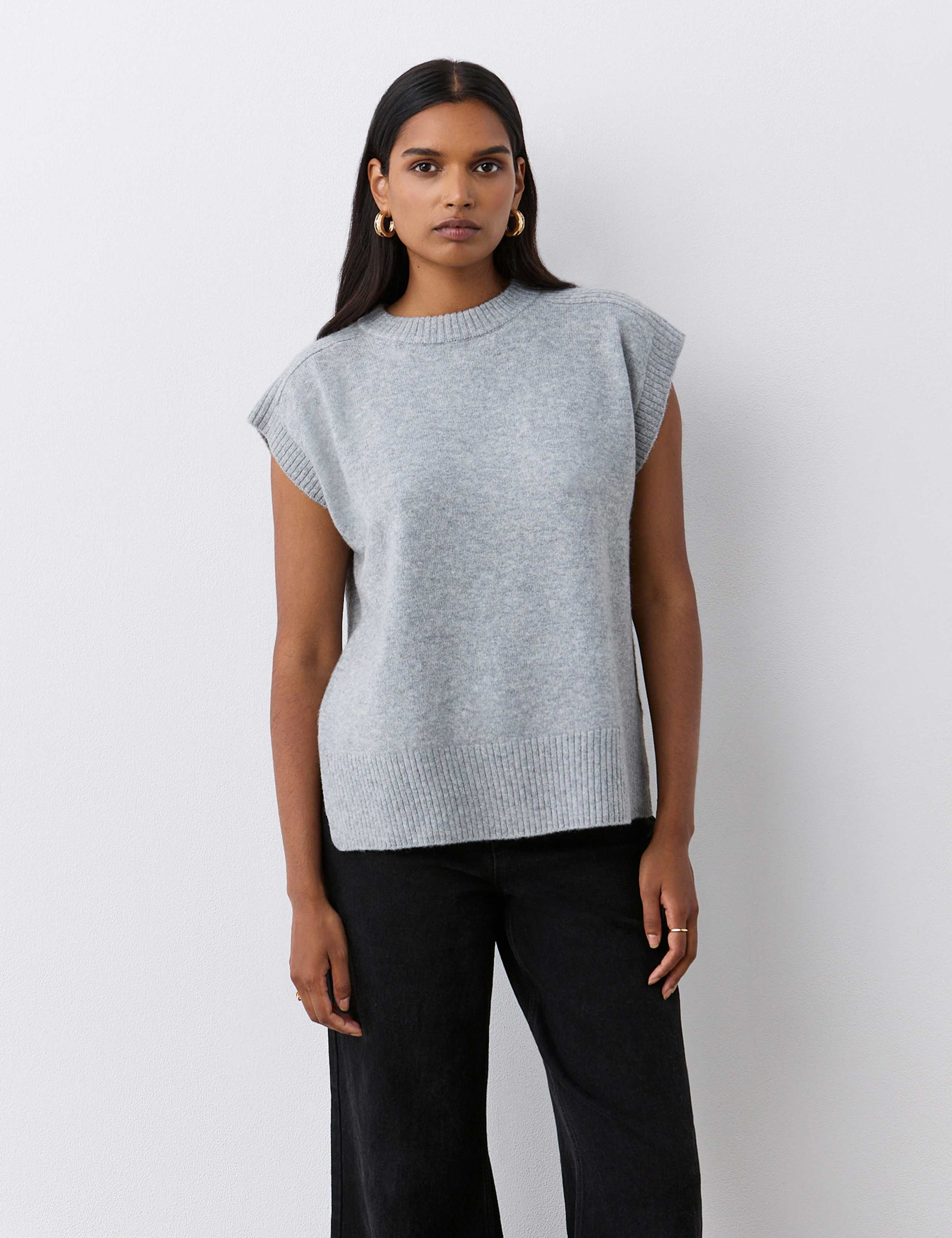 Crew Neck Split Hem Knitted Vest with Wool 1 of 6