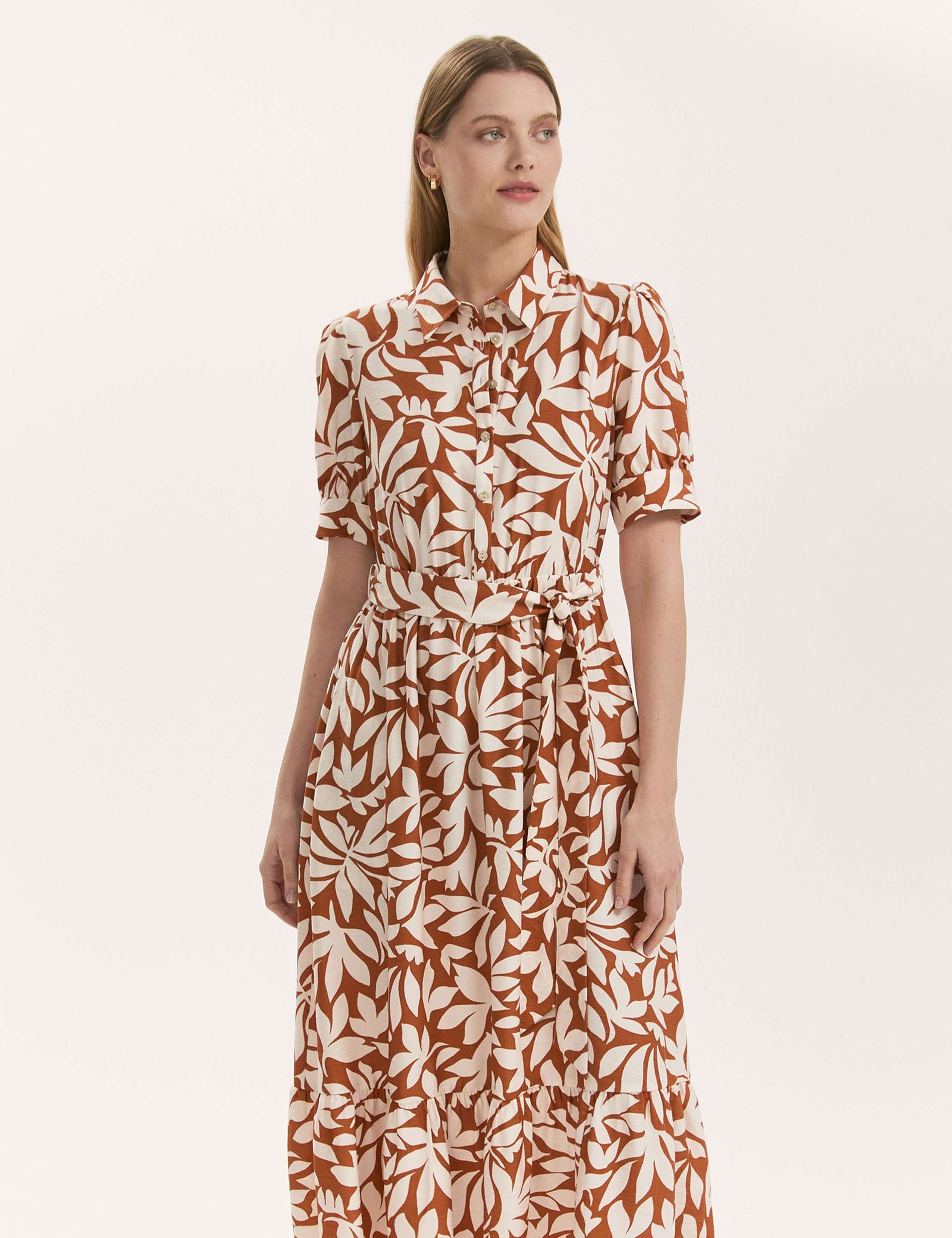 Leaf Print Midi Shirt Dress 2 of 4
