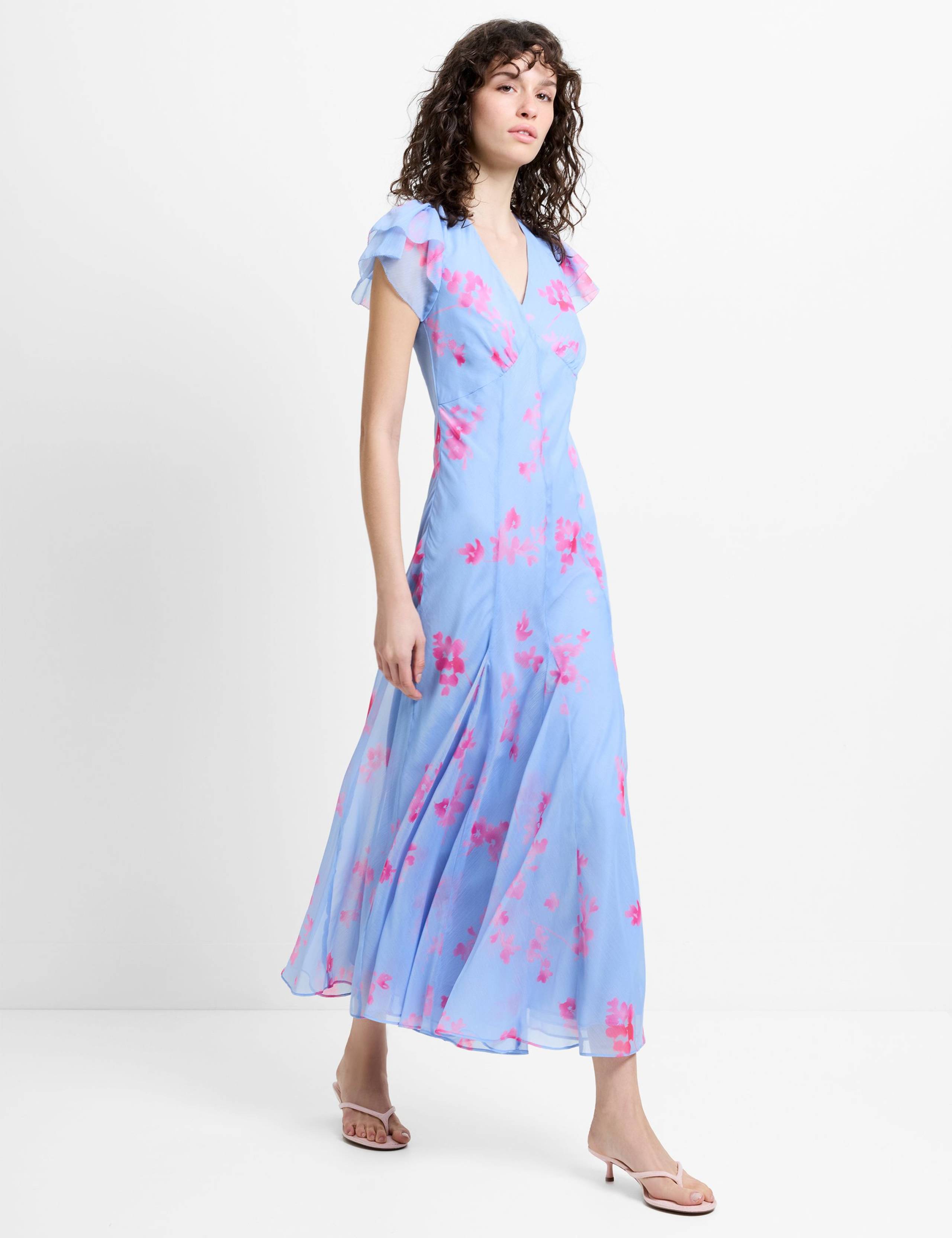 Chiffon Floral V-Neck Midi Tea Dress 3 of 6