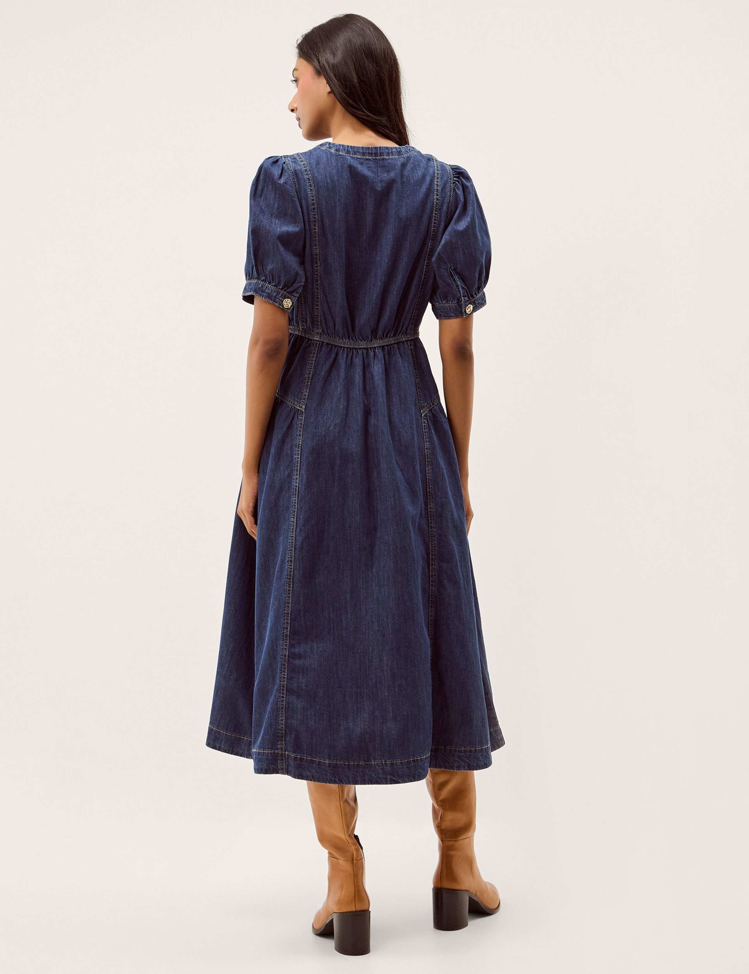 Denim Round Neck Midi Waisted Dress 3 of 5