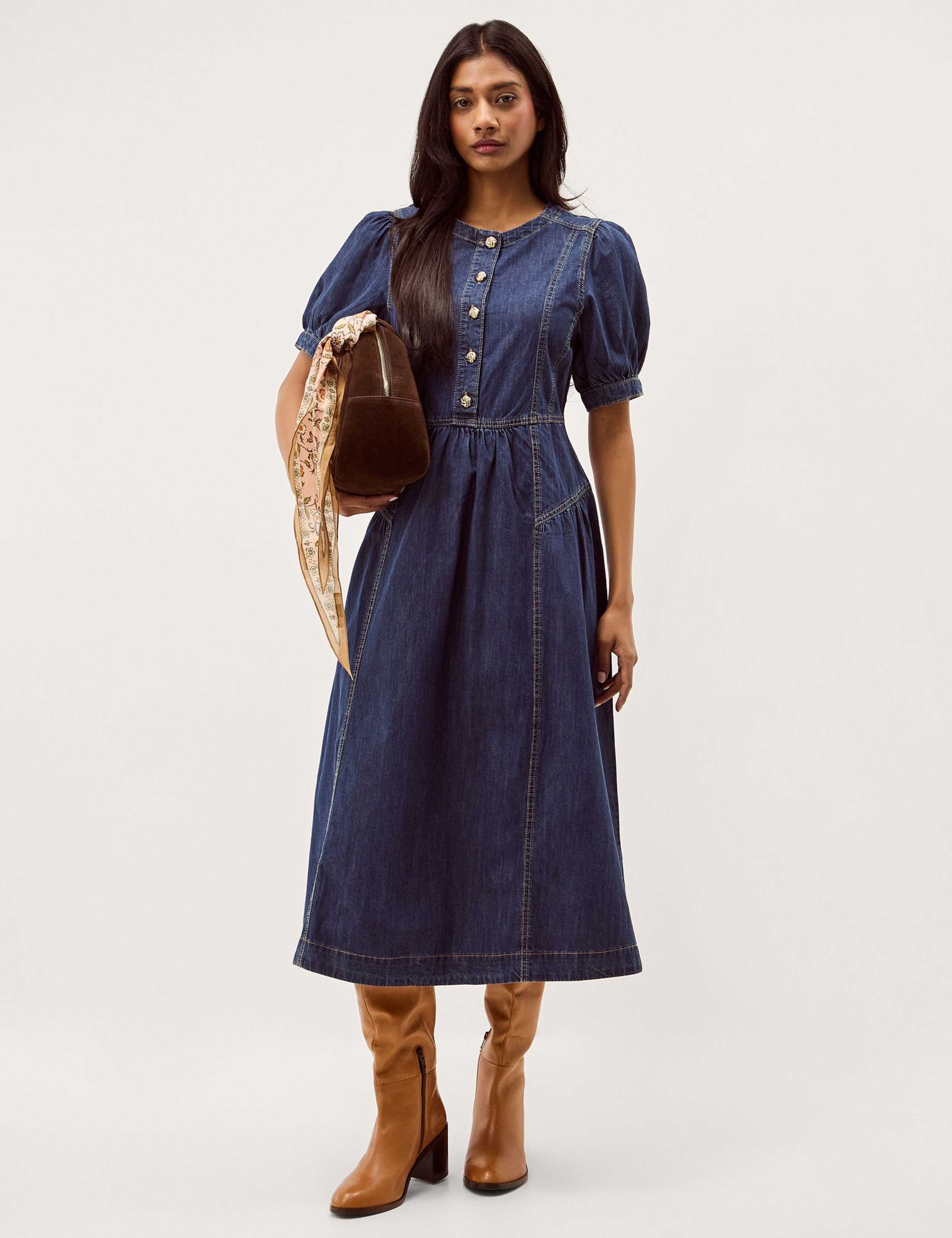 Denim Round Neck Midi Waisted Dress 4 of 5