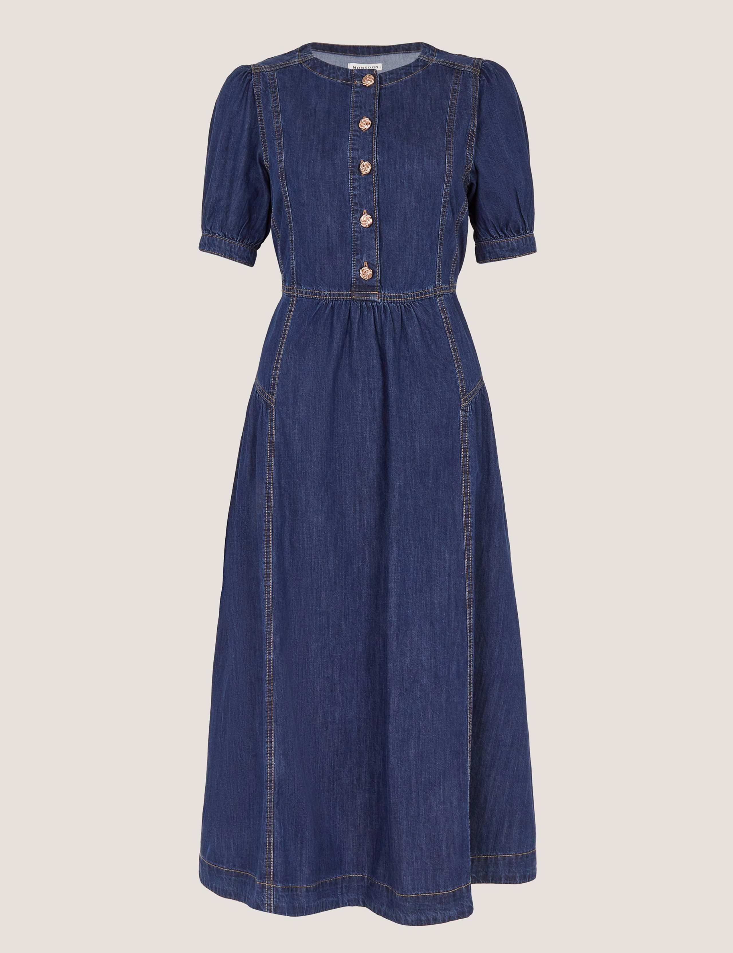 Denim Round Neck Midi Waisted Dress 2 of 5
