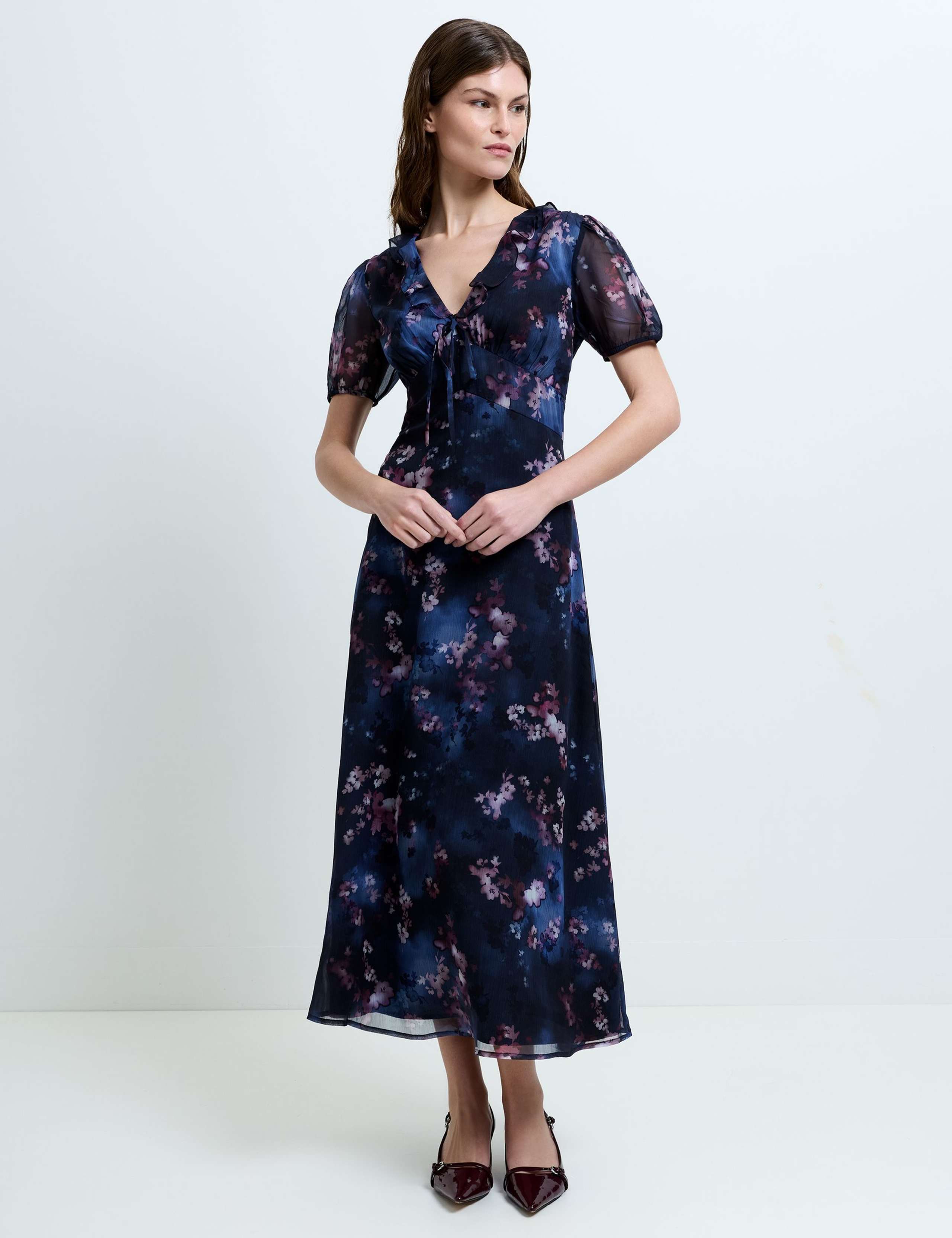 Floral V-Neck Midi Smock Dress 1 of 5