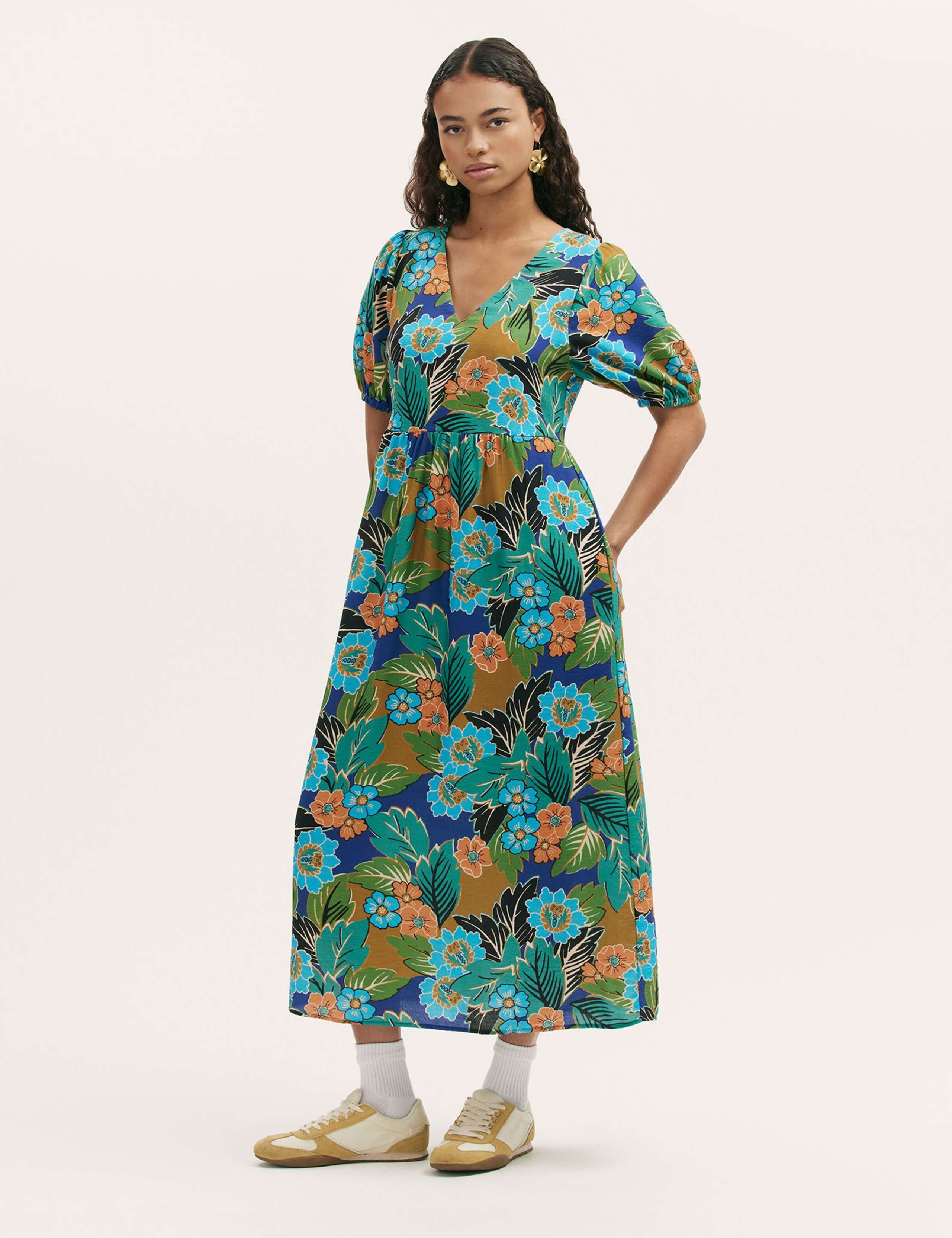 Floral V-Neck Midi Smock Dress 1 of 4
