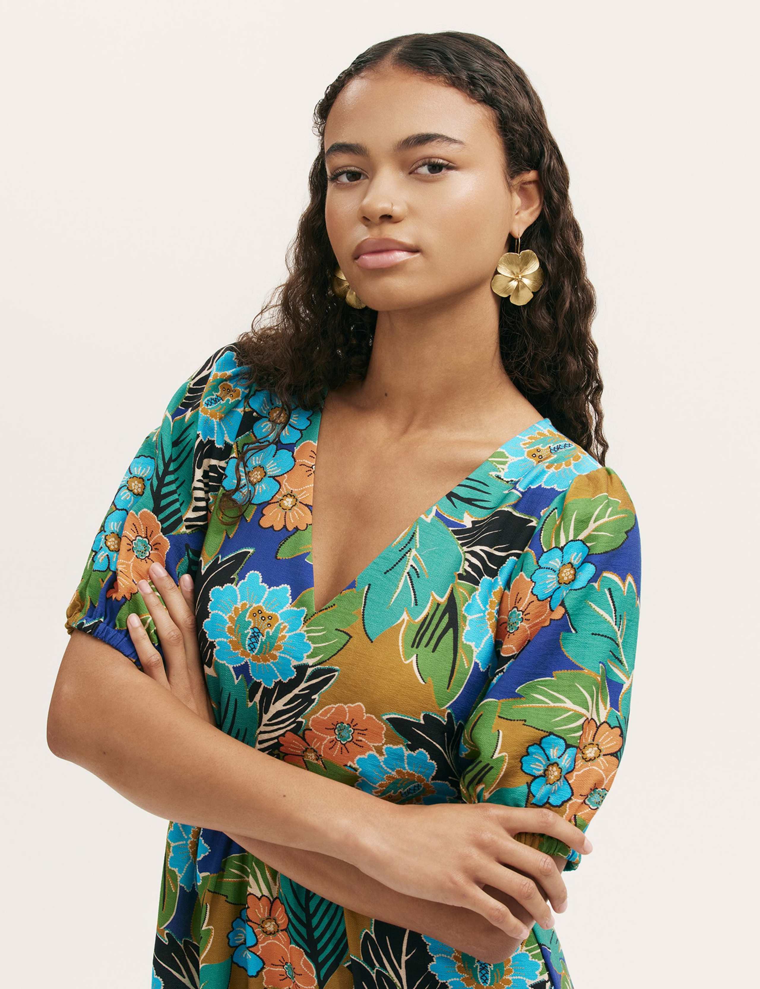 Floral V-Neck Midi Smock Dress 4 of 4