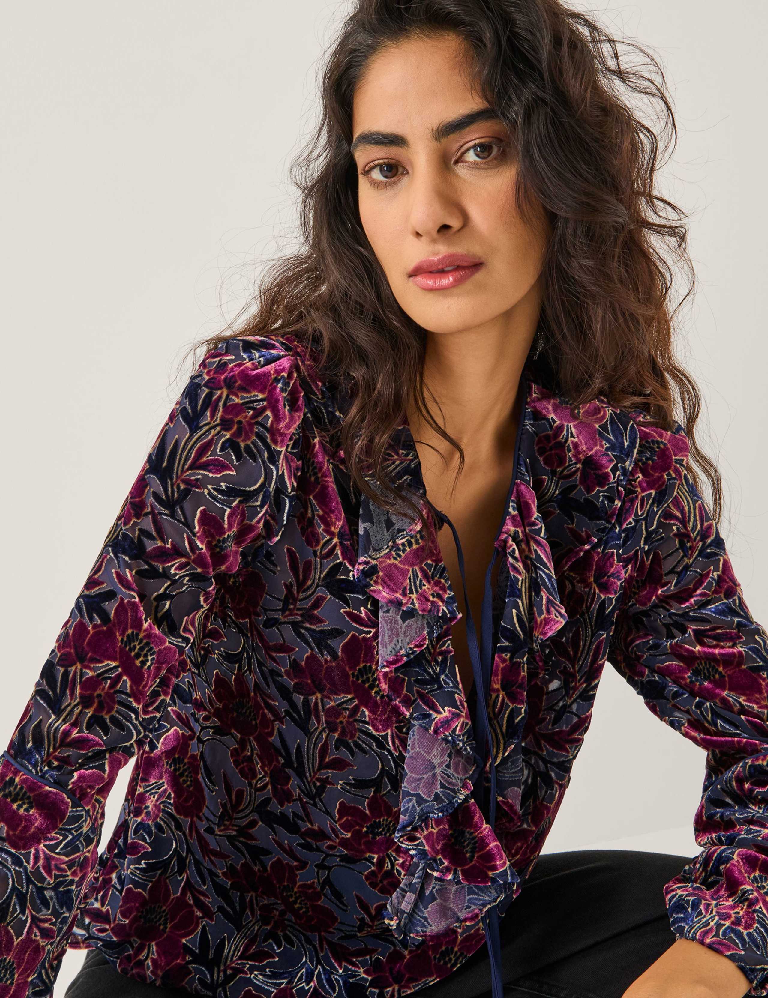 Devoré Floral Tie Neck Ruffle Blouse 2 of 4
