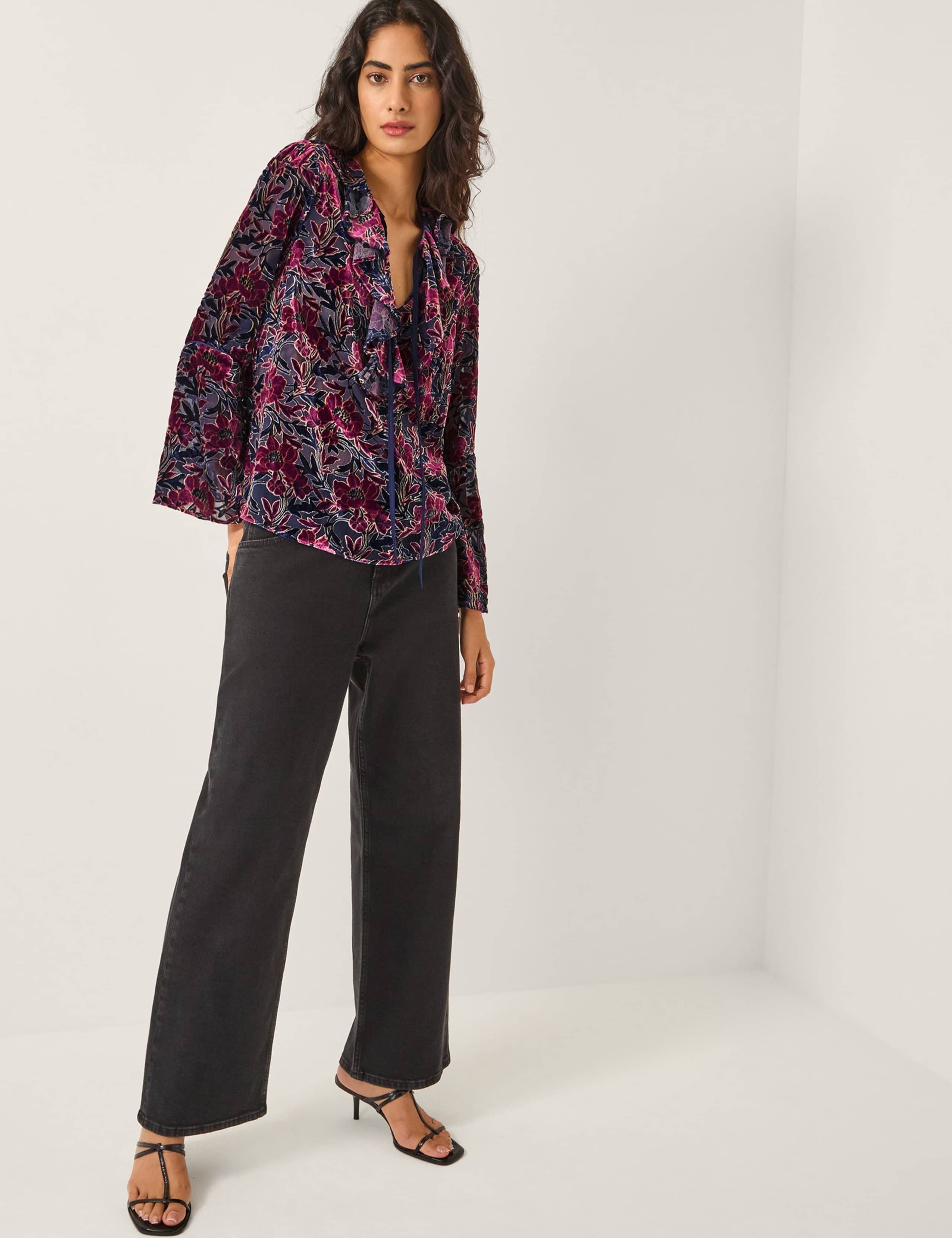 Devoré Floral Tie Neck Ruffle Blouse 3 of 4