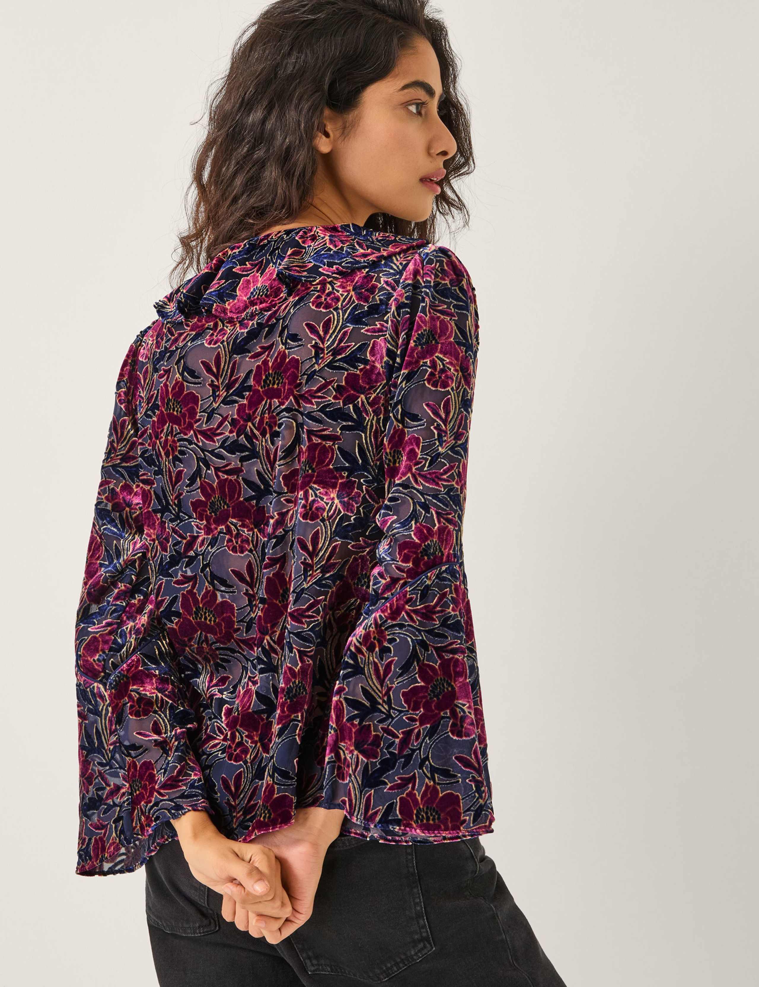 Devoré Floral Tie Neck Ruffle Blouse 4 of 4