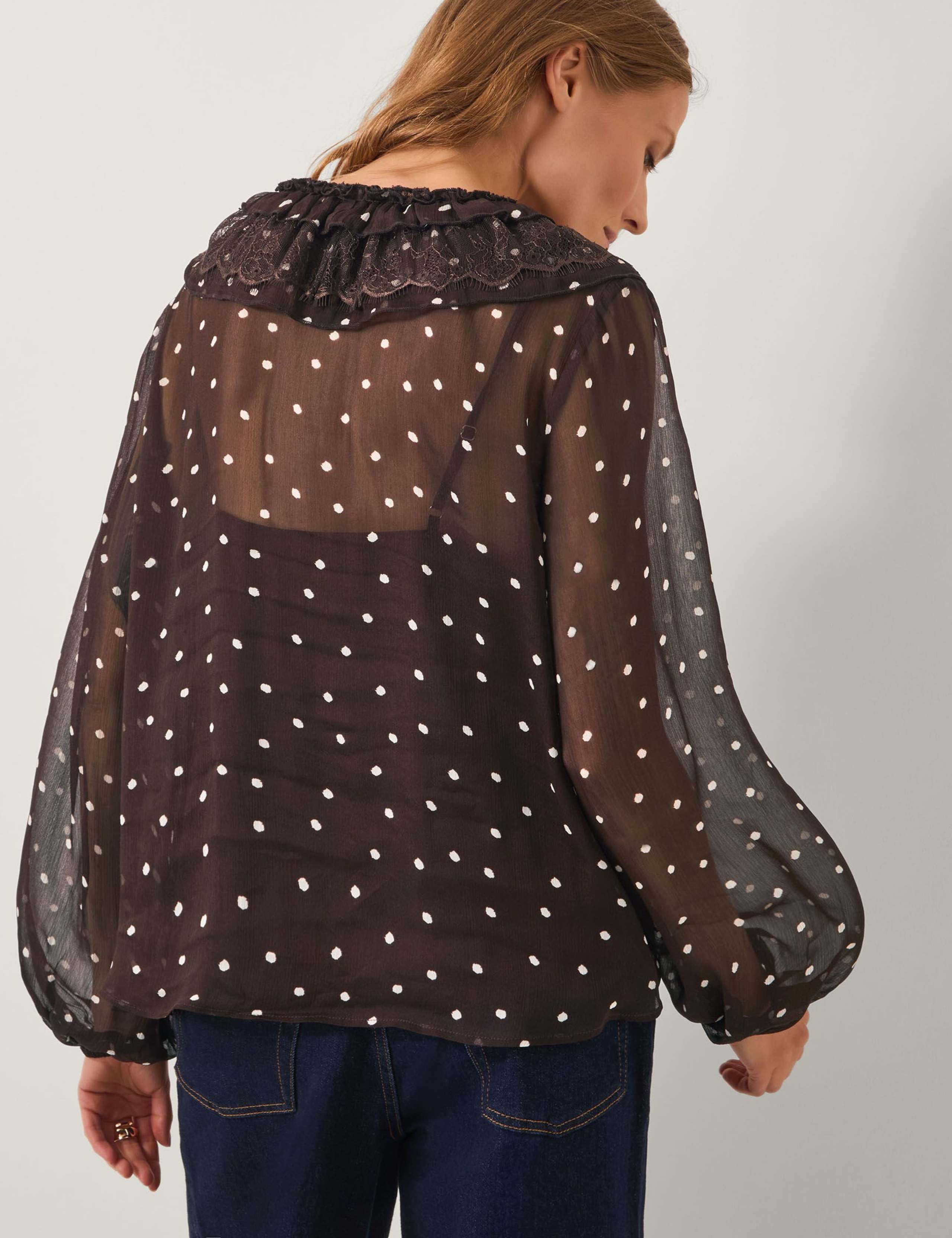 Sheer Polka Dot Ruffle V-Neck Blouse 4 of 5
