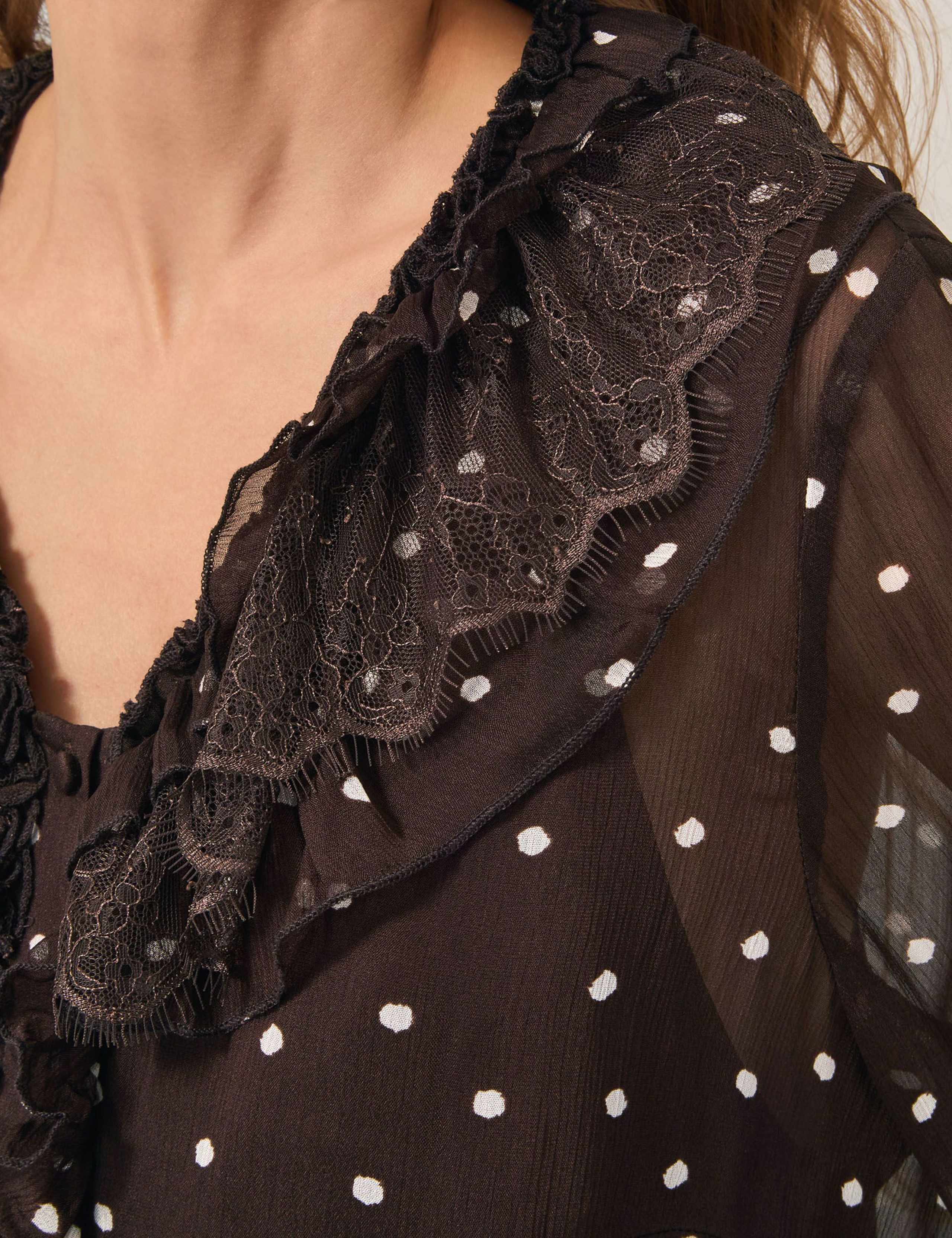 Sheer Polka Dot Ruffle V-Neck Blouse 5 of 5