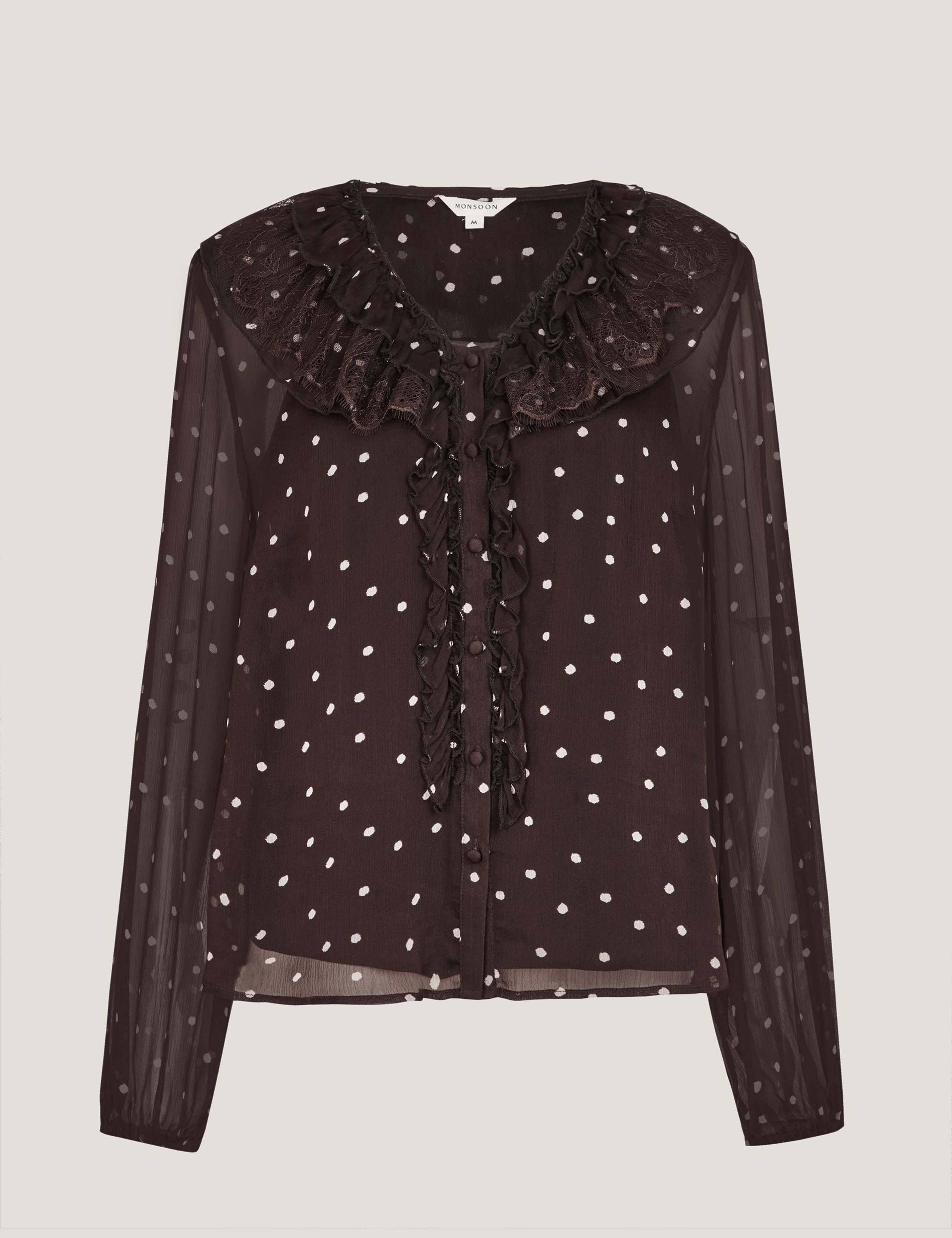 Sheer Polka Dot Ruffle V-Neck Blouse 2 of 5
