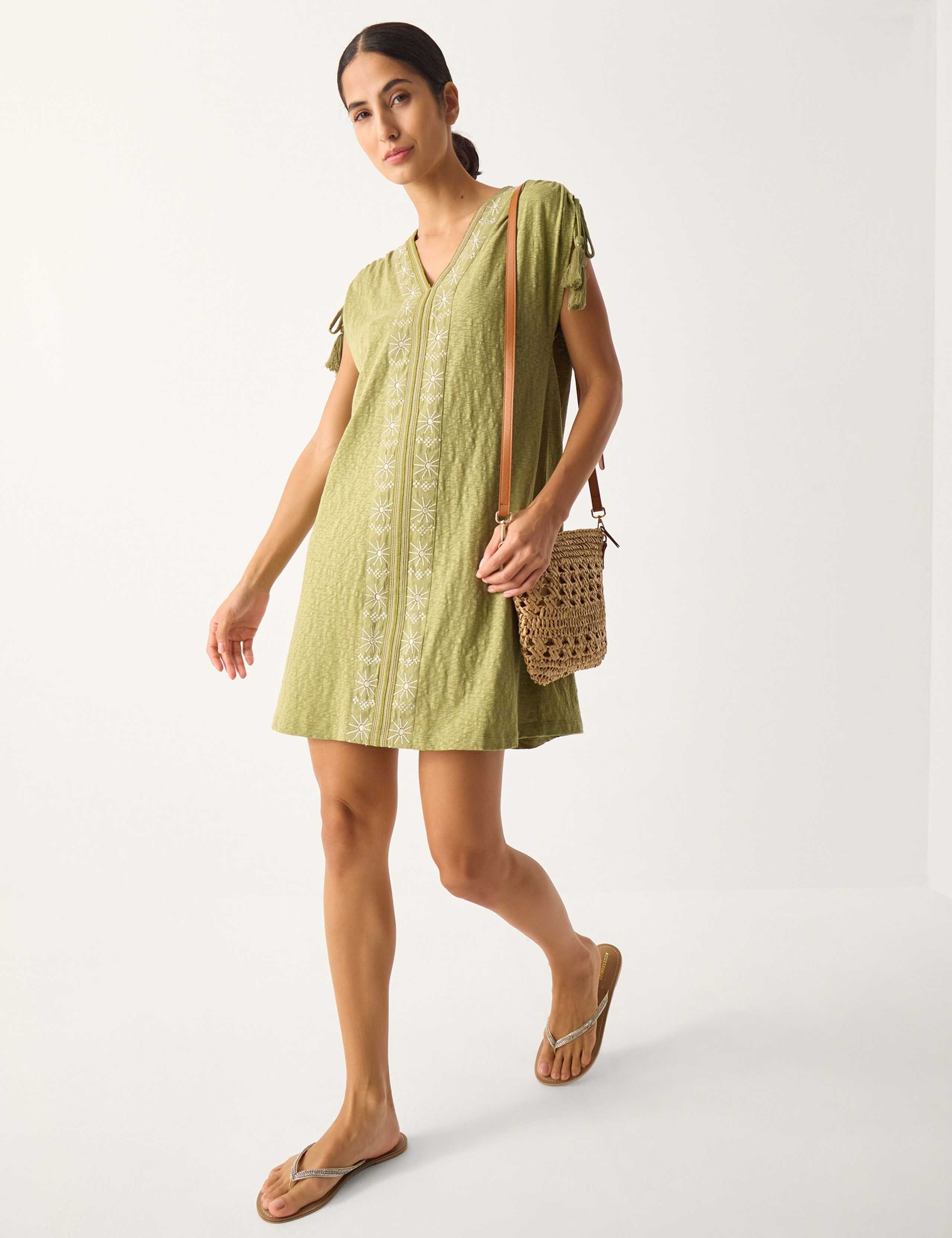 Pure Cotton Embroidered V-Neck Mini Kaftan 1 of 4