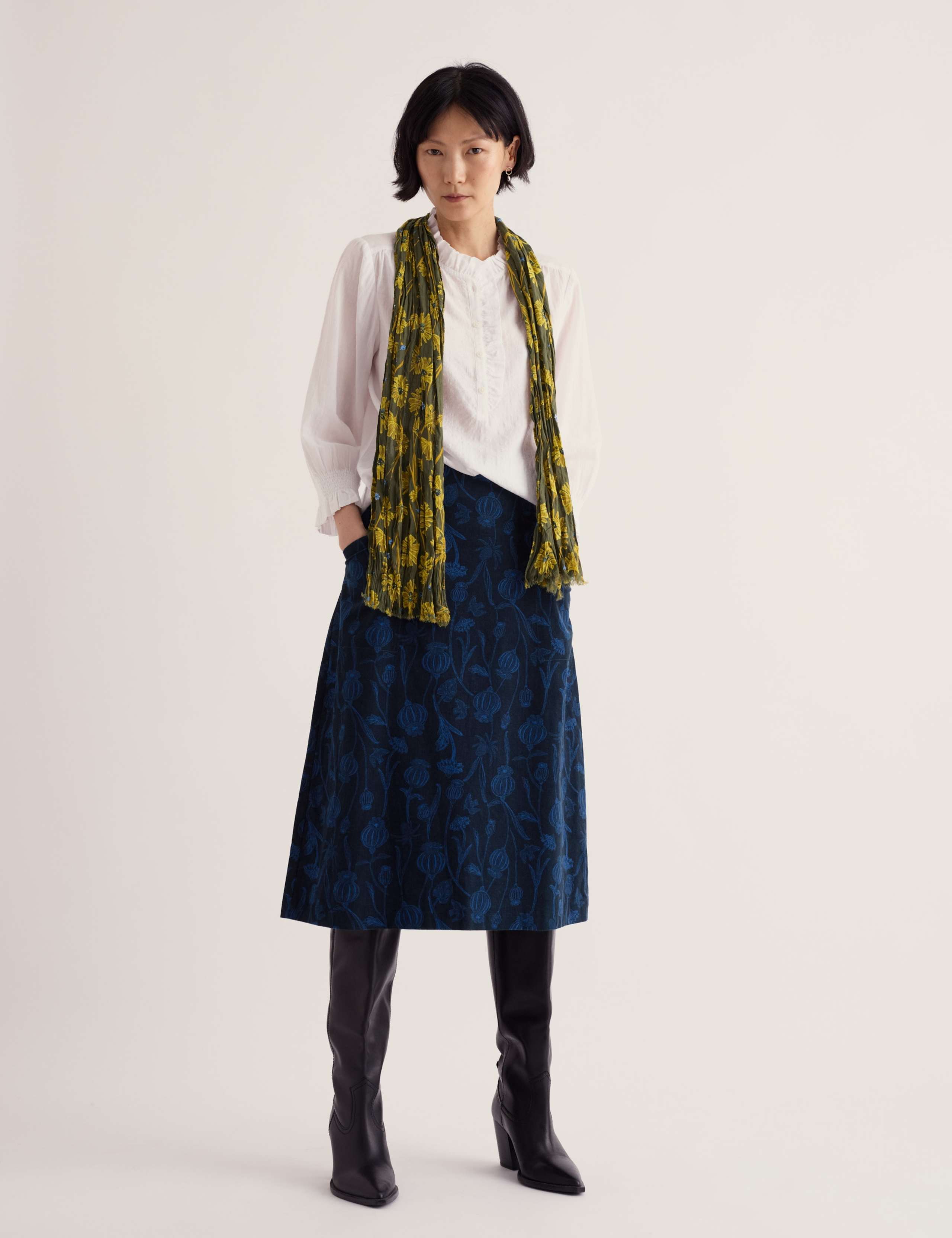 Corduroy Floral Knee Length A-Line Skirt 1 of 5