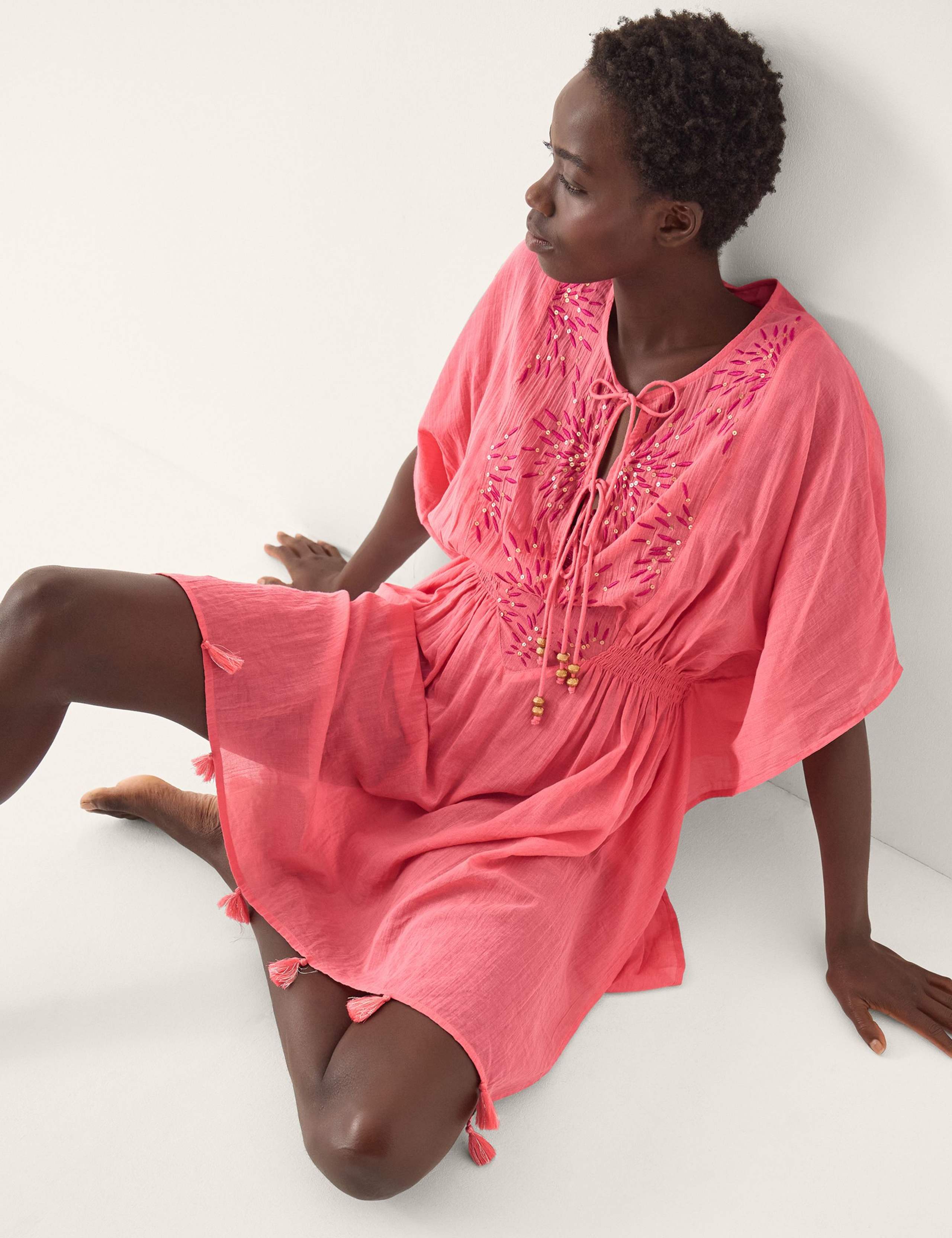 Pure Cotton Embellished V-Neck Mini Kaftan 3 of 4