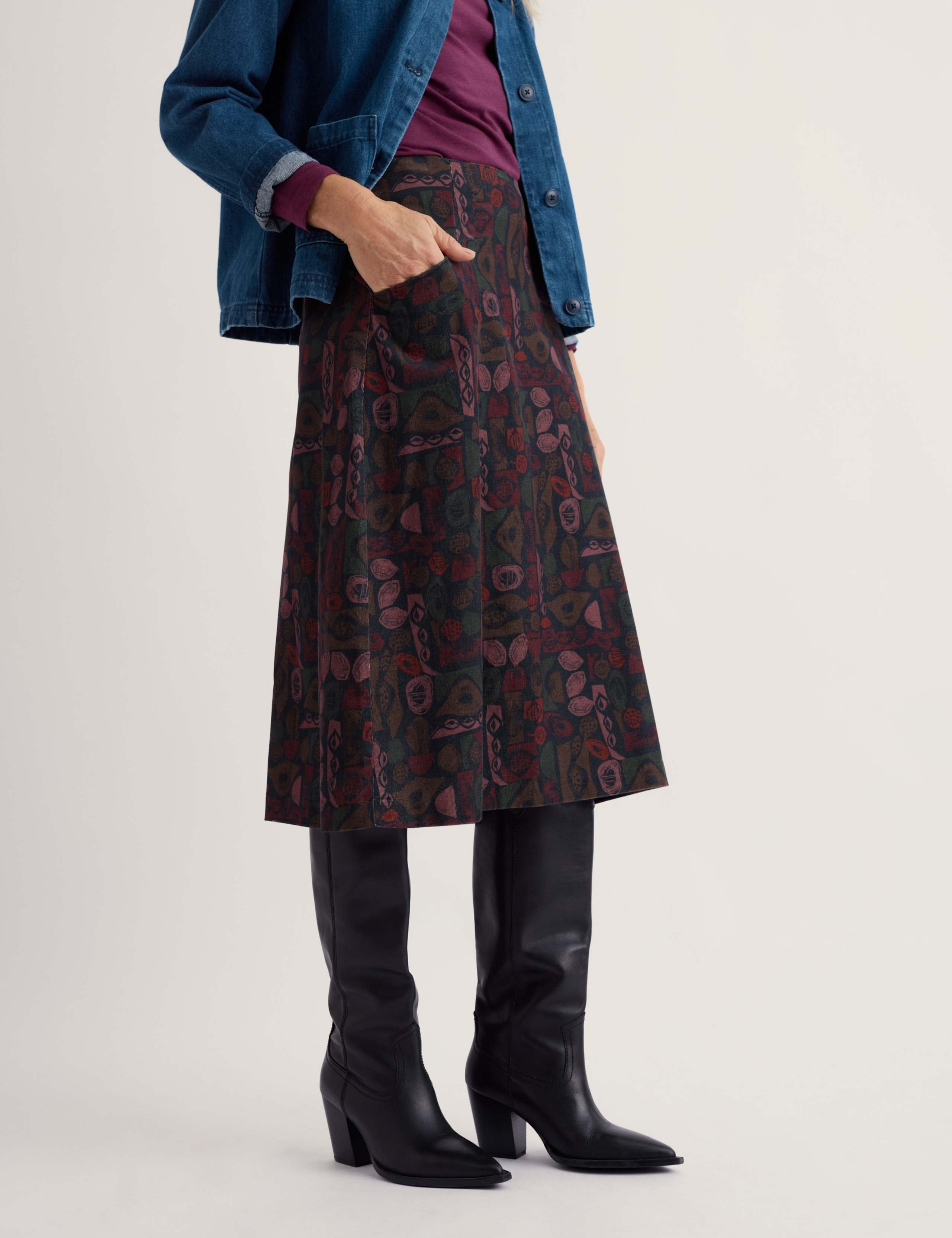 Corduroy Printed Knee Length A-Line Skirt 3 of 5