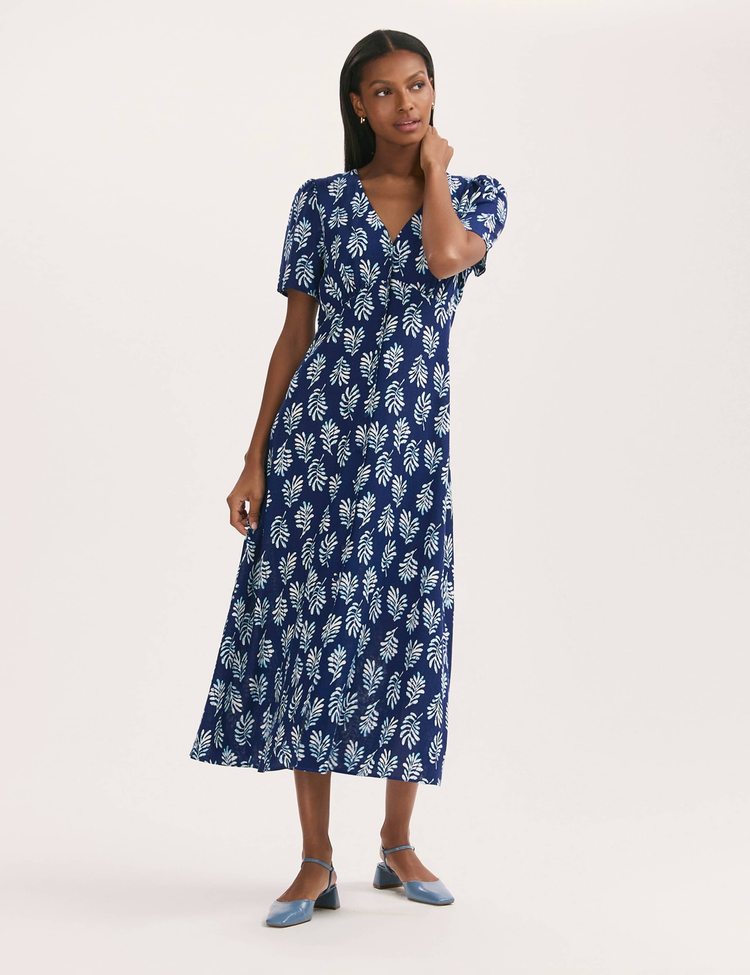Leaf Print V-Neck Midi Tea Dress with Linen 1 of 4