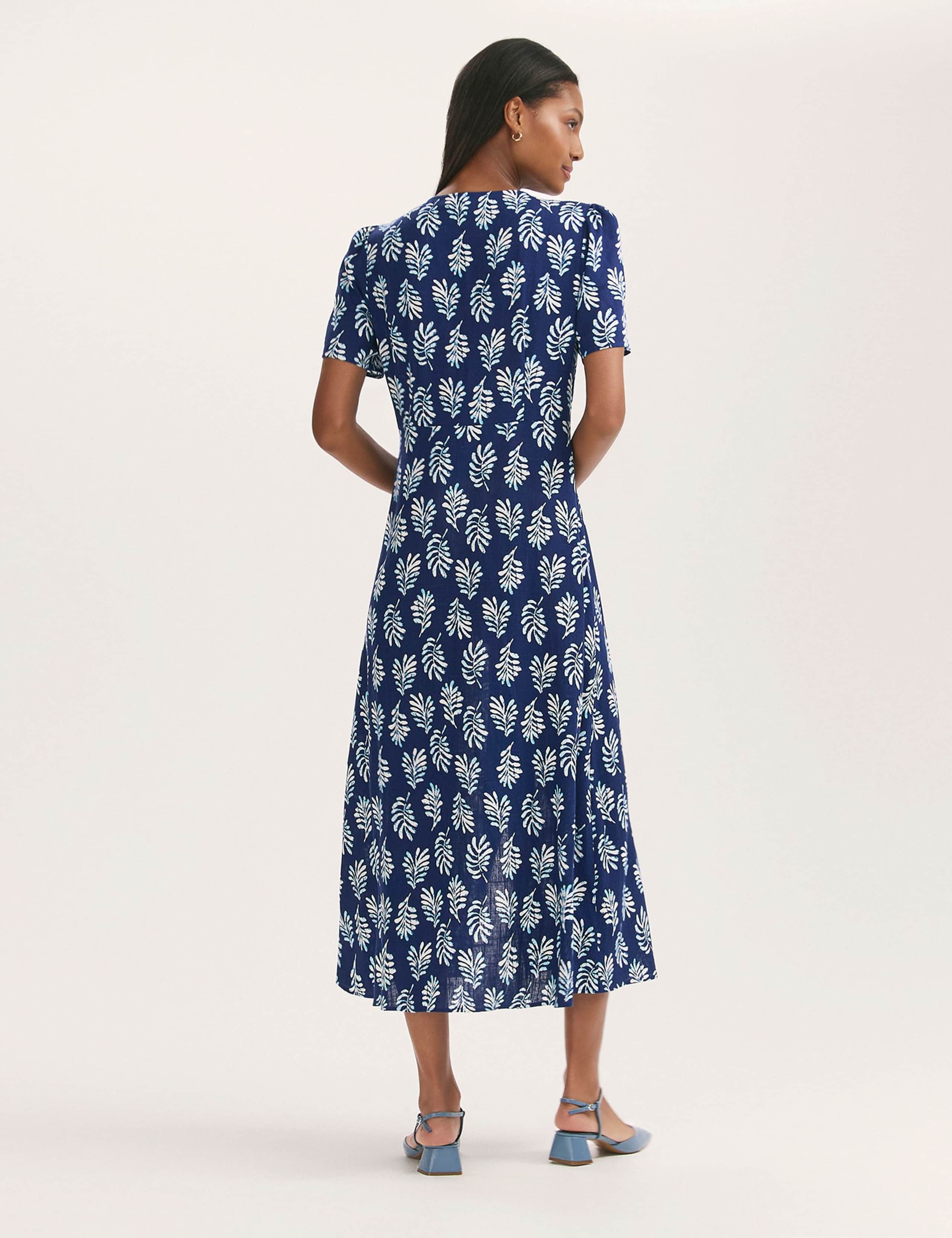 Leaf Print V-Neck Midi Tea Dress with Linen 2 of 4