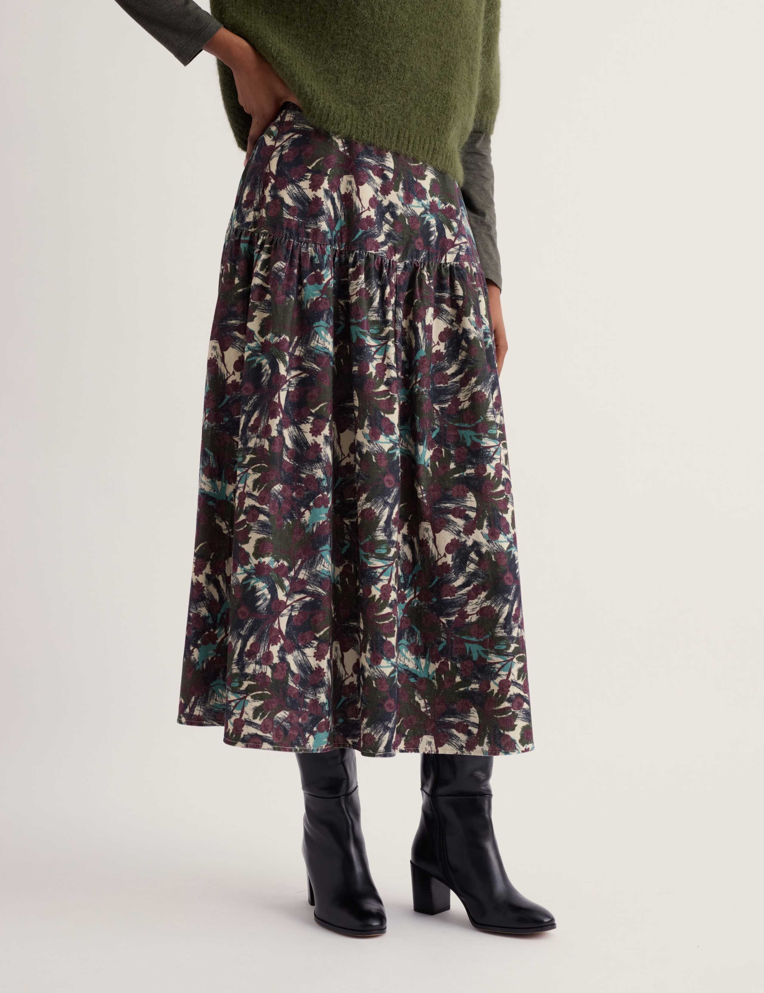 Pure Cotton Cord Floral Midi A-Line Skirt 4 of 5