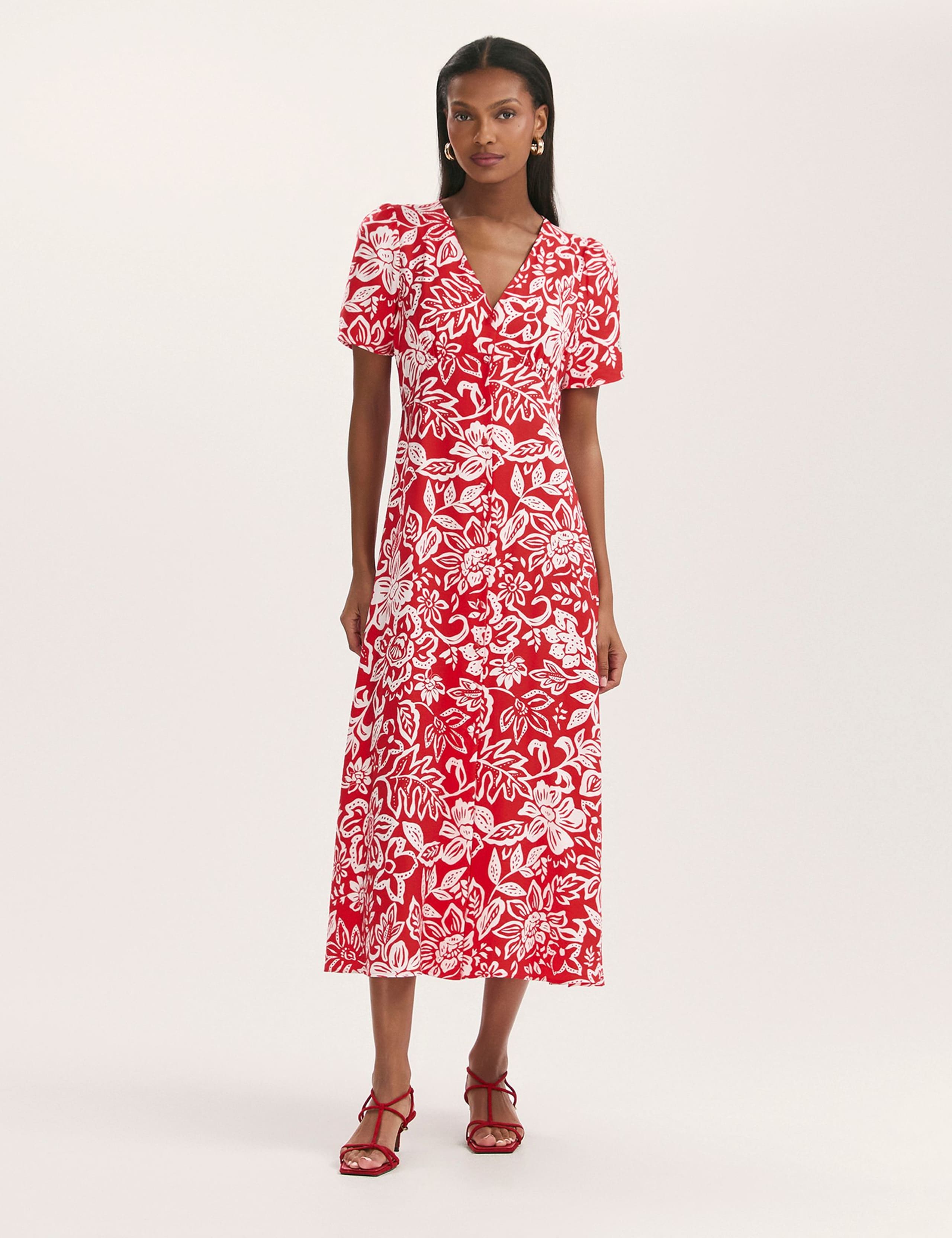 Floral V-Neck Button Through Midi Tea Dress 1 of 4