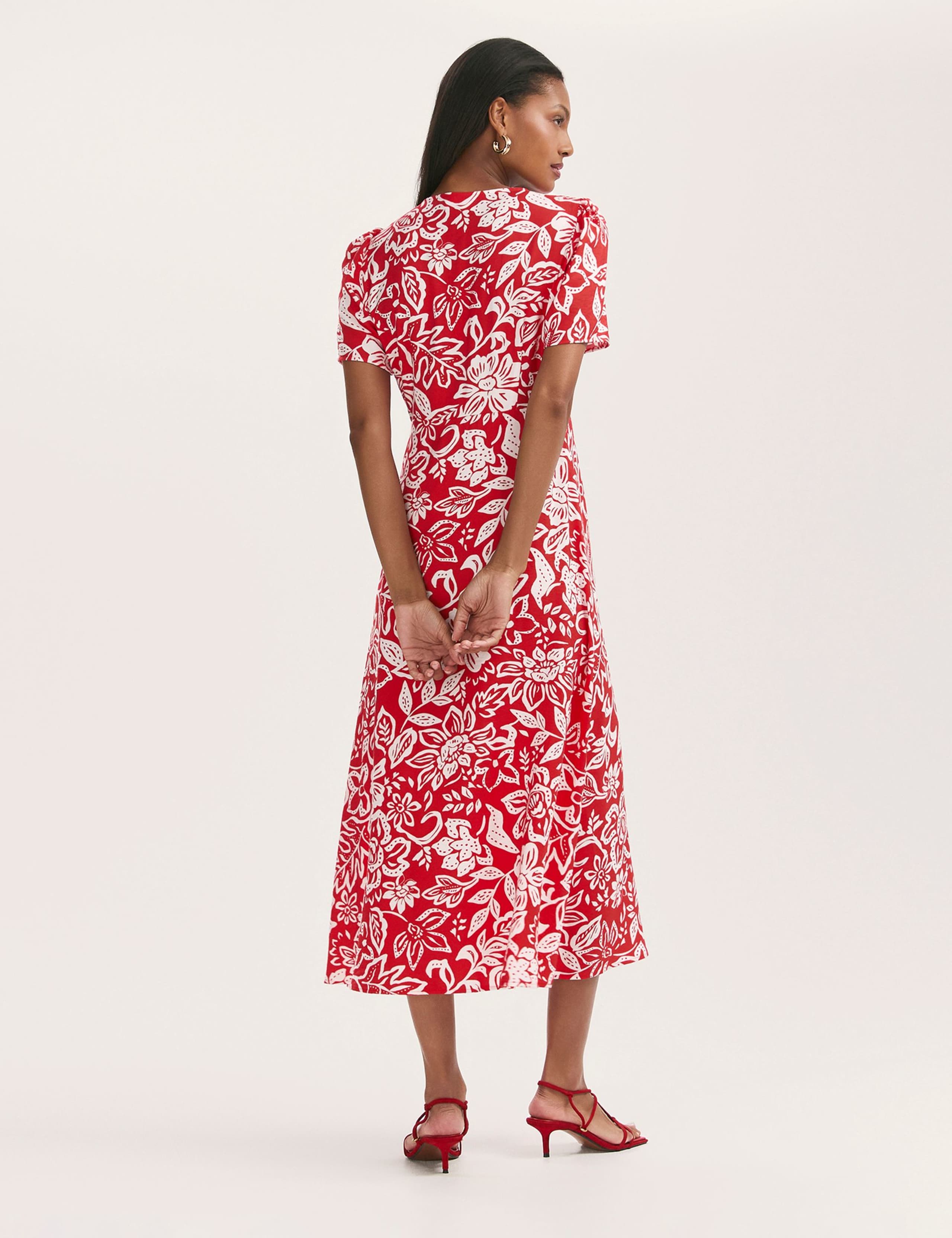Floral V-Neck Button Through Midi Tea Dress 3 of 4