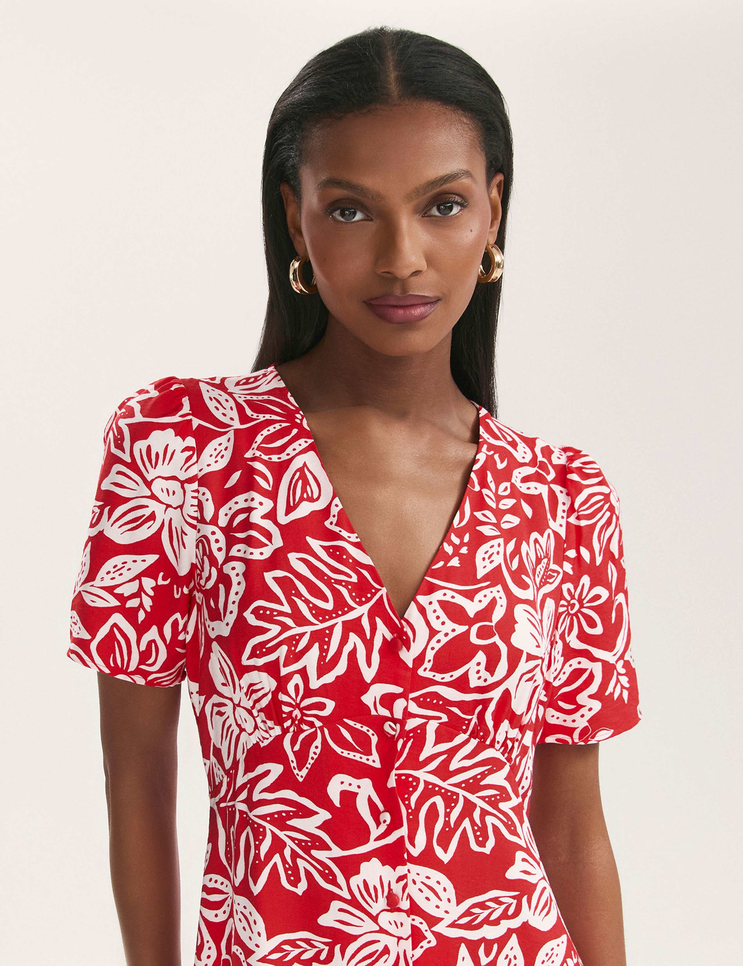 Floral V-Neck Button Through Midi Tea Dress 4 of 4