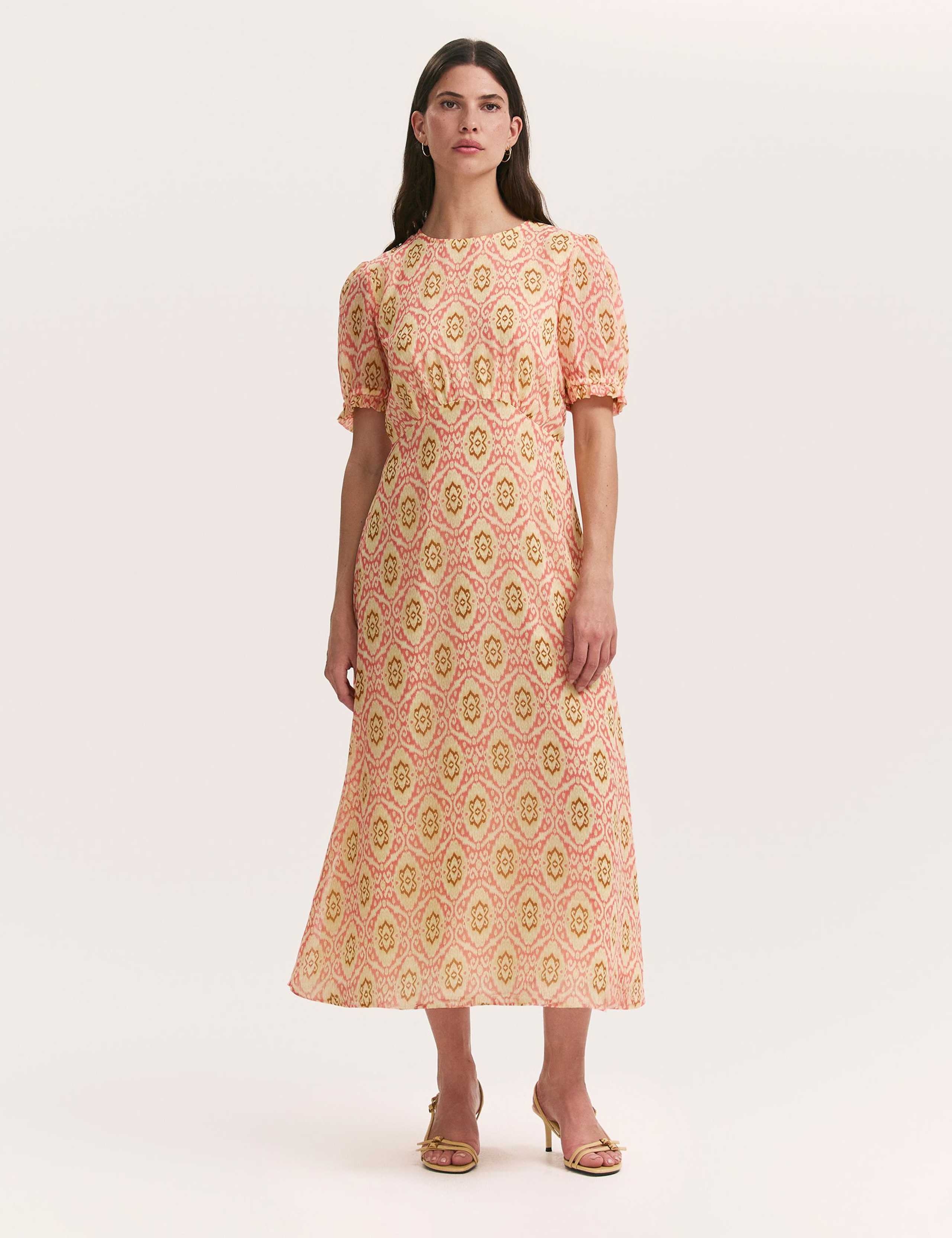 Mela Coral Ikat Chiffon Midi Tea Dress 1 of 4