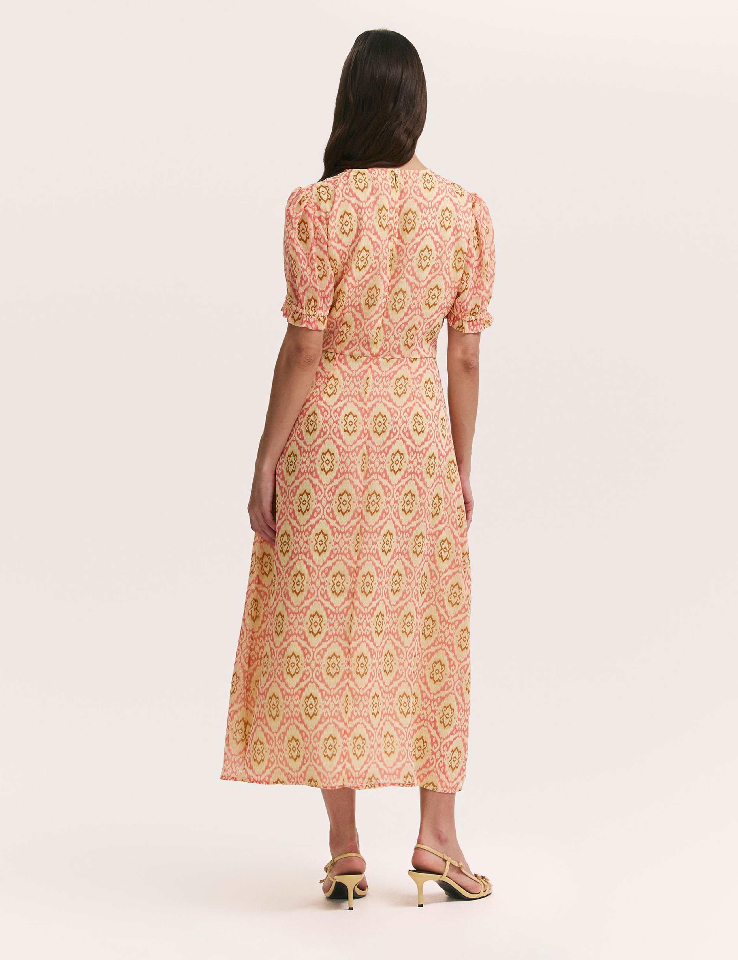 Mela Coral Ikat Chiffon Midi Tea Dress 3 of 4