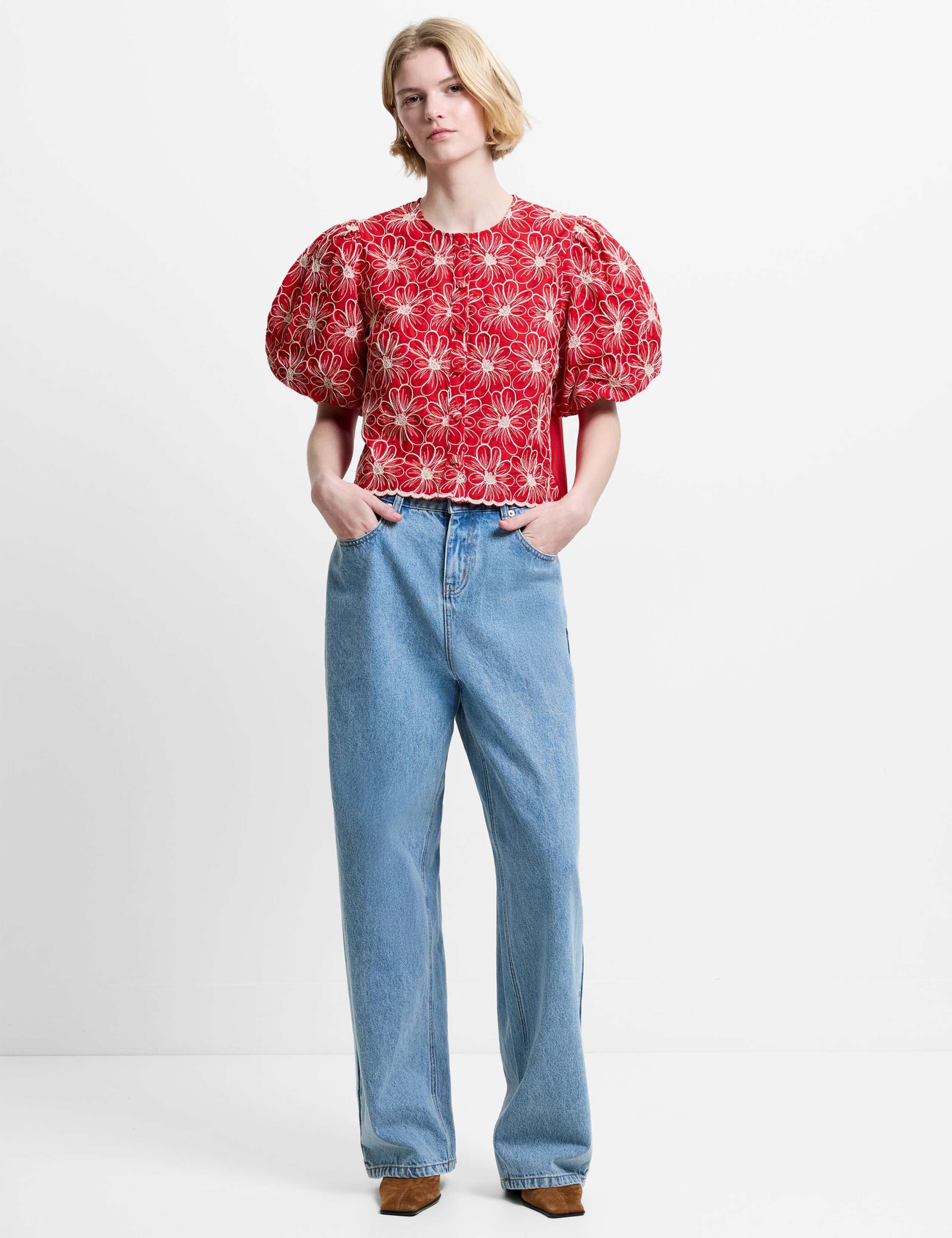 Cotton Blend Floral Crew Neck Top 3 of 5