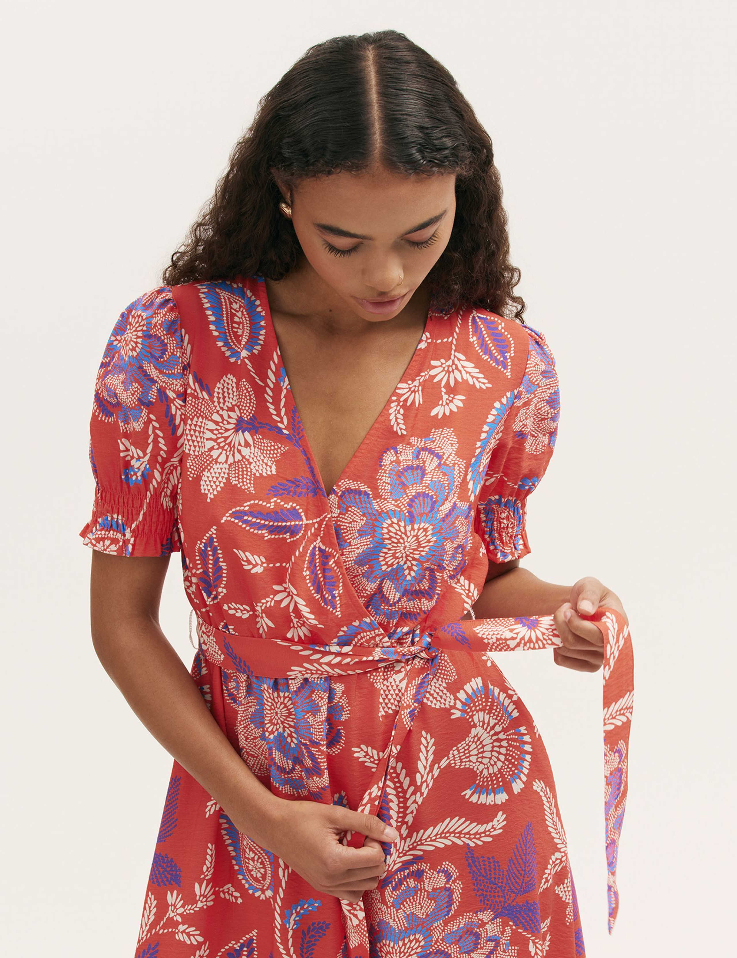 Floral V-Neck Tie Waist Midi Wrap Dress 4 of 5