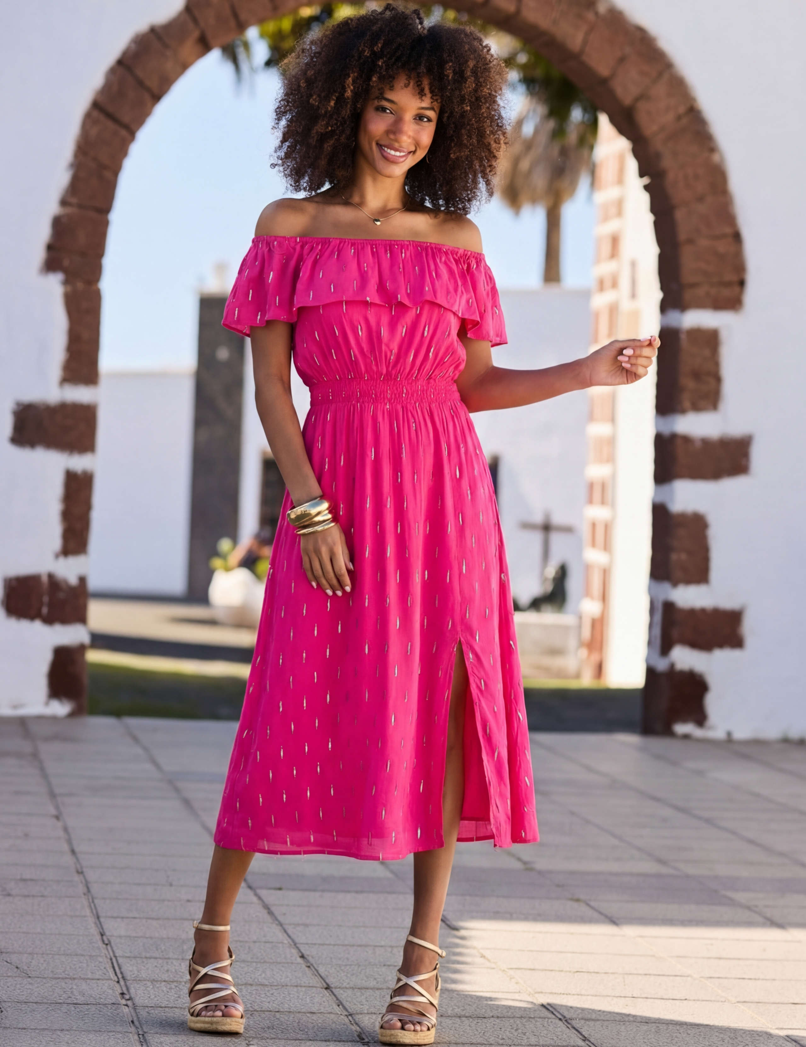 Textured Bardot Shirred Midi Skater Dress 2 of 4