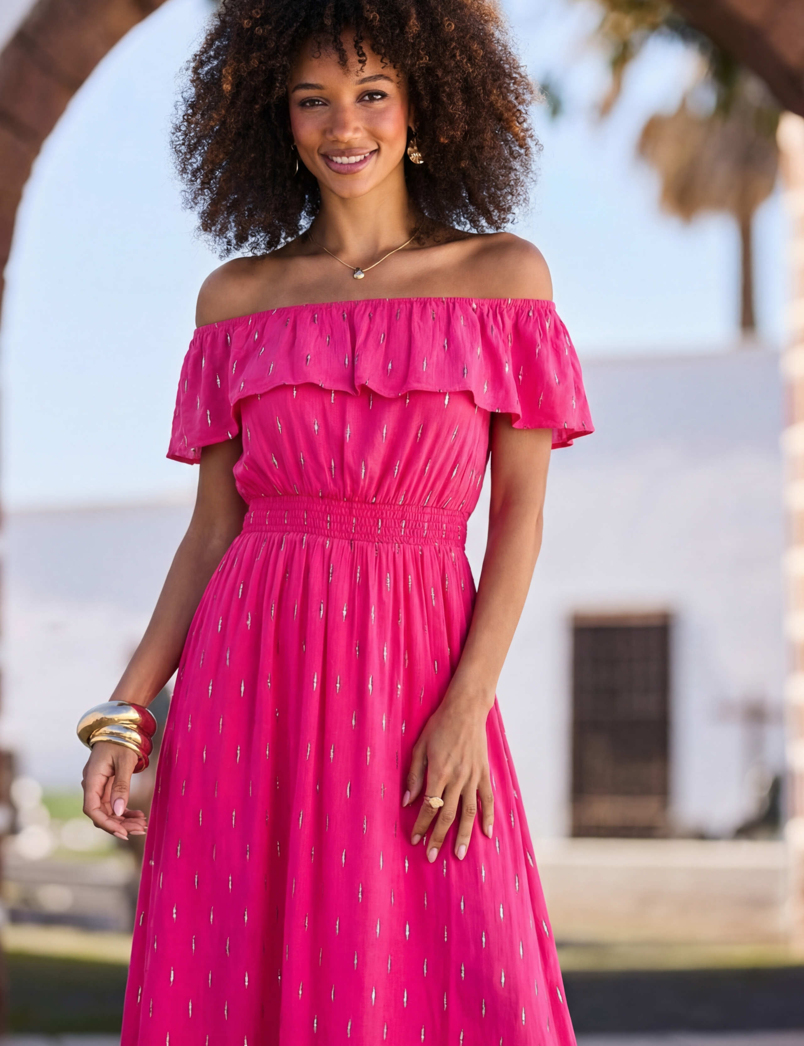 Textured Bardot Shirred Midi Skater Dress 3 of 4