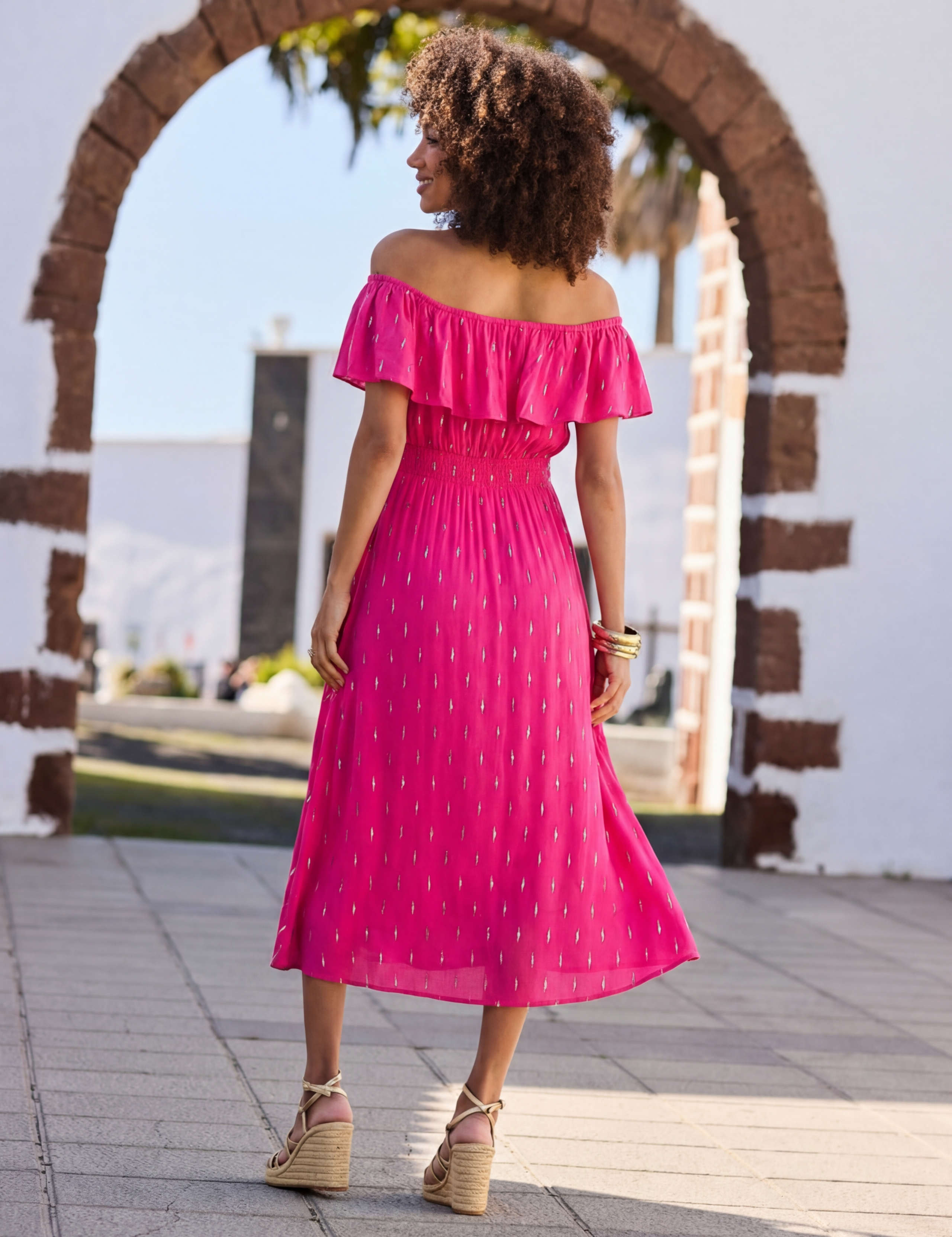 Textured Bardot Shirred Midi Skater Dress 4 of 4