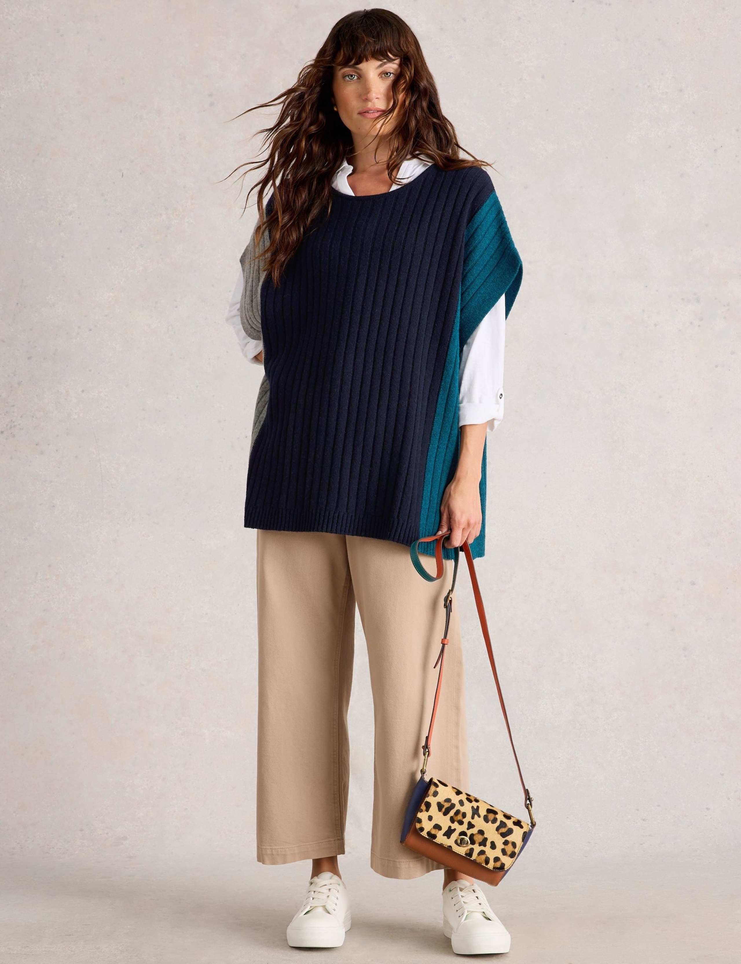 Wool Rich Knitted Colour Block Poncho 1 of 6