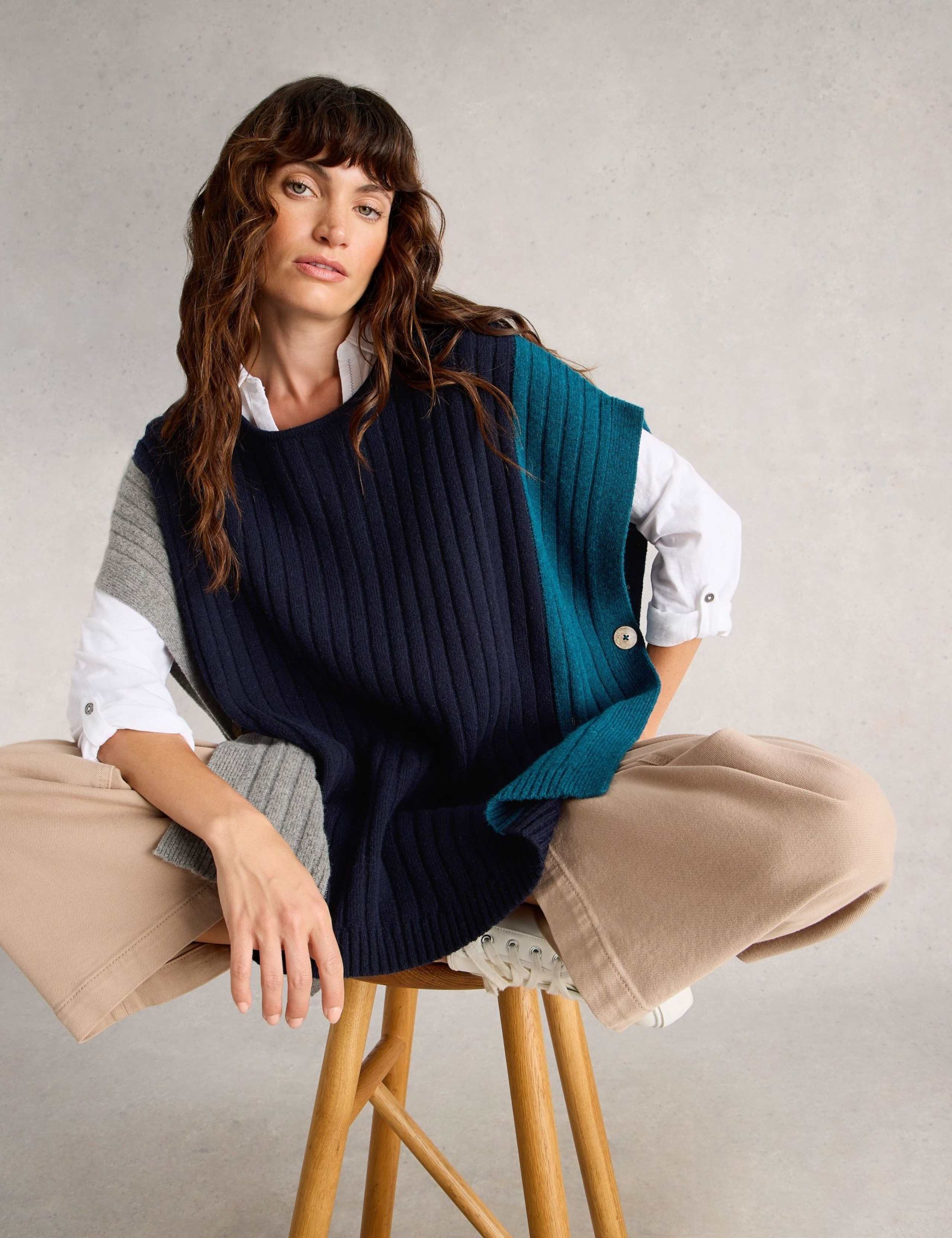 Wool Rich Knitted Colour Block Poncho 3 of 6