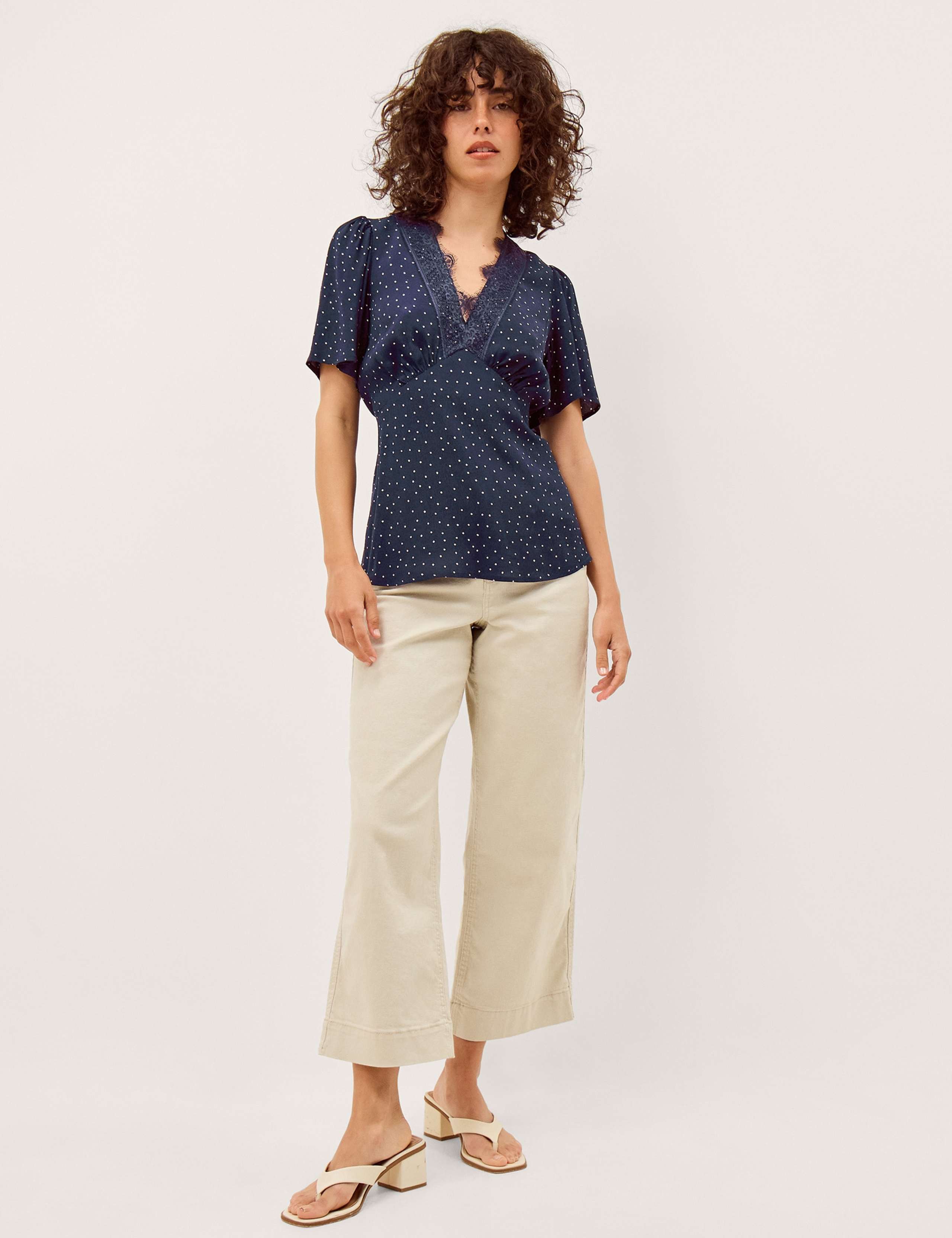 Polka Dot V-Neck Lace Trim Waisted Blouse 3 of 5