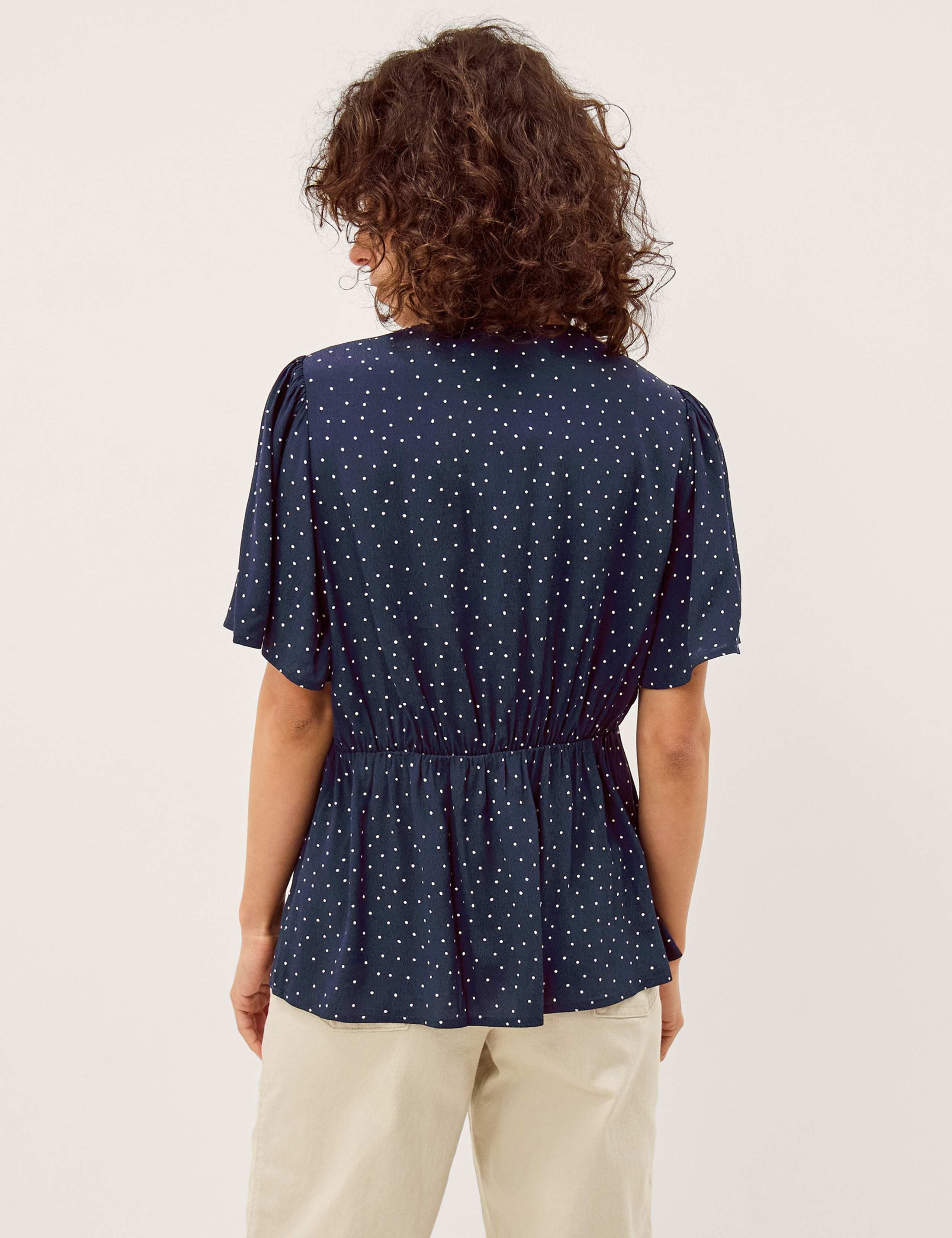 Polka Dot V-Neck Lace Trim Waisted Blouse 4 of 5