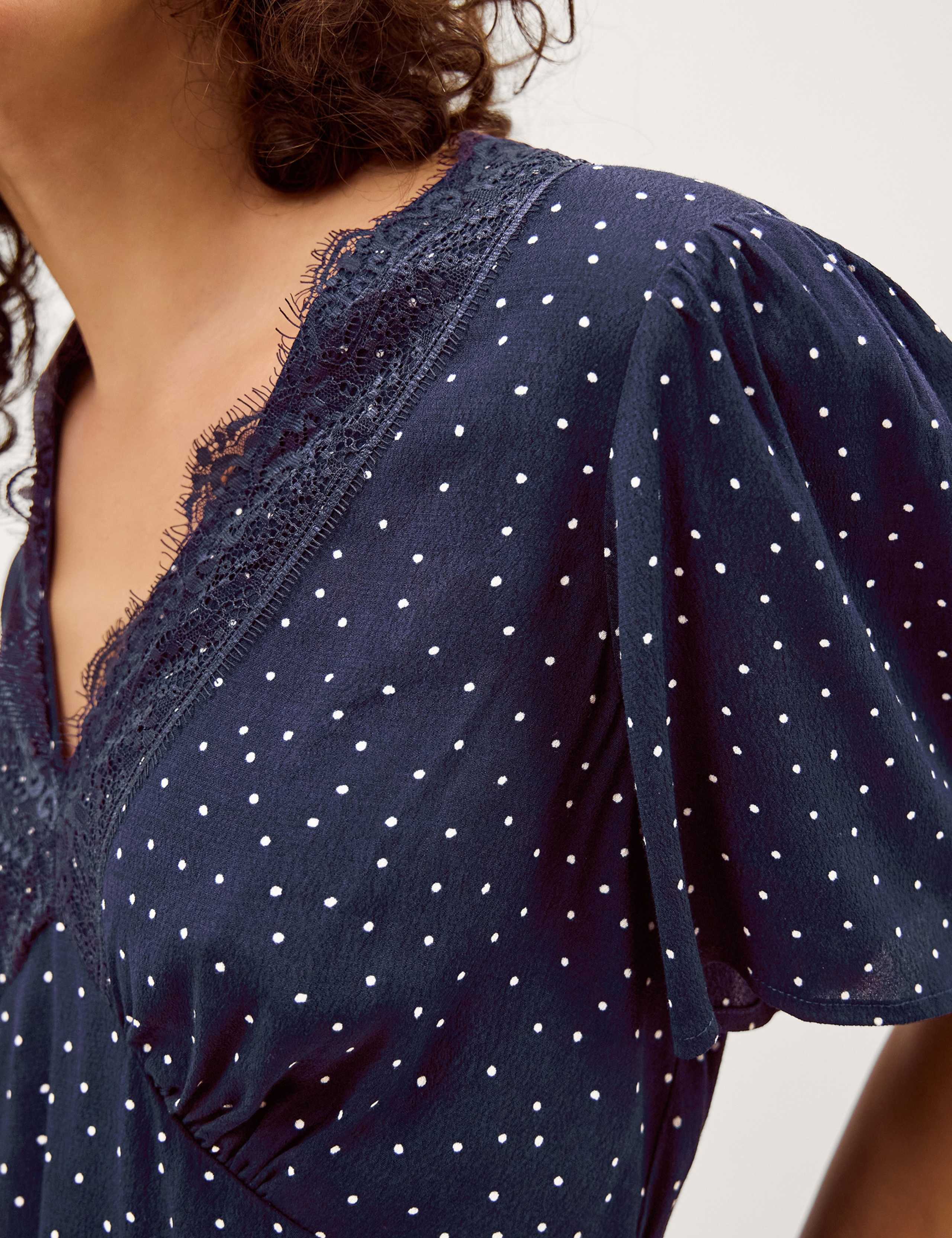 Polka Dot V-Neck Lace Trim Waisted Blouse 5 of 5