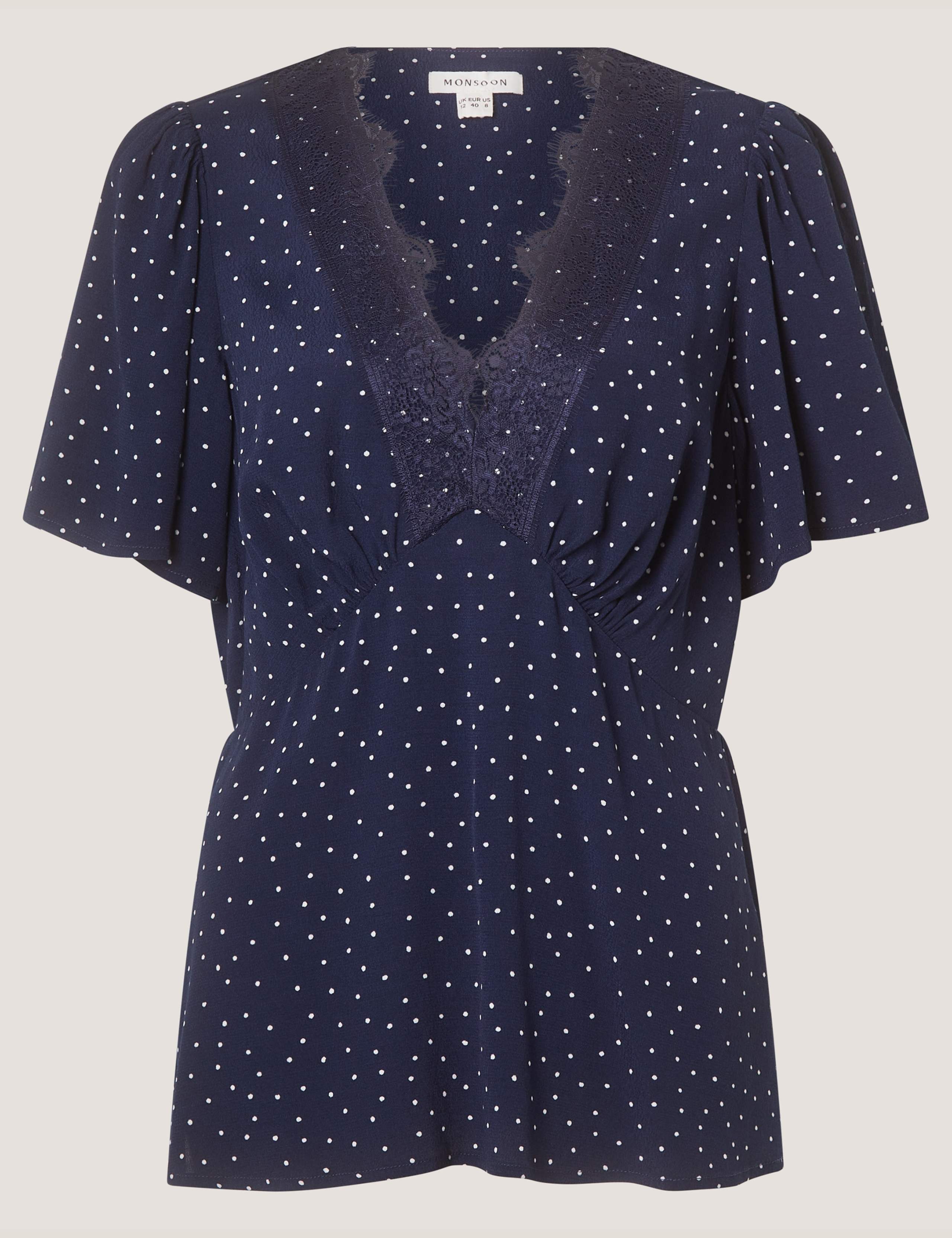 Polka Dot V-Neck Lace Trim Waisted Blouse 2 of 5