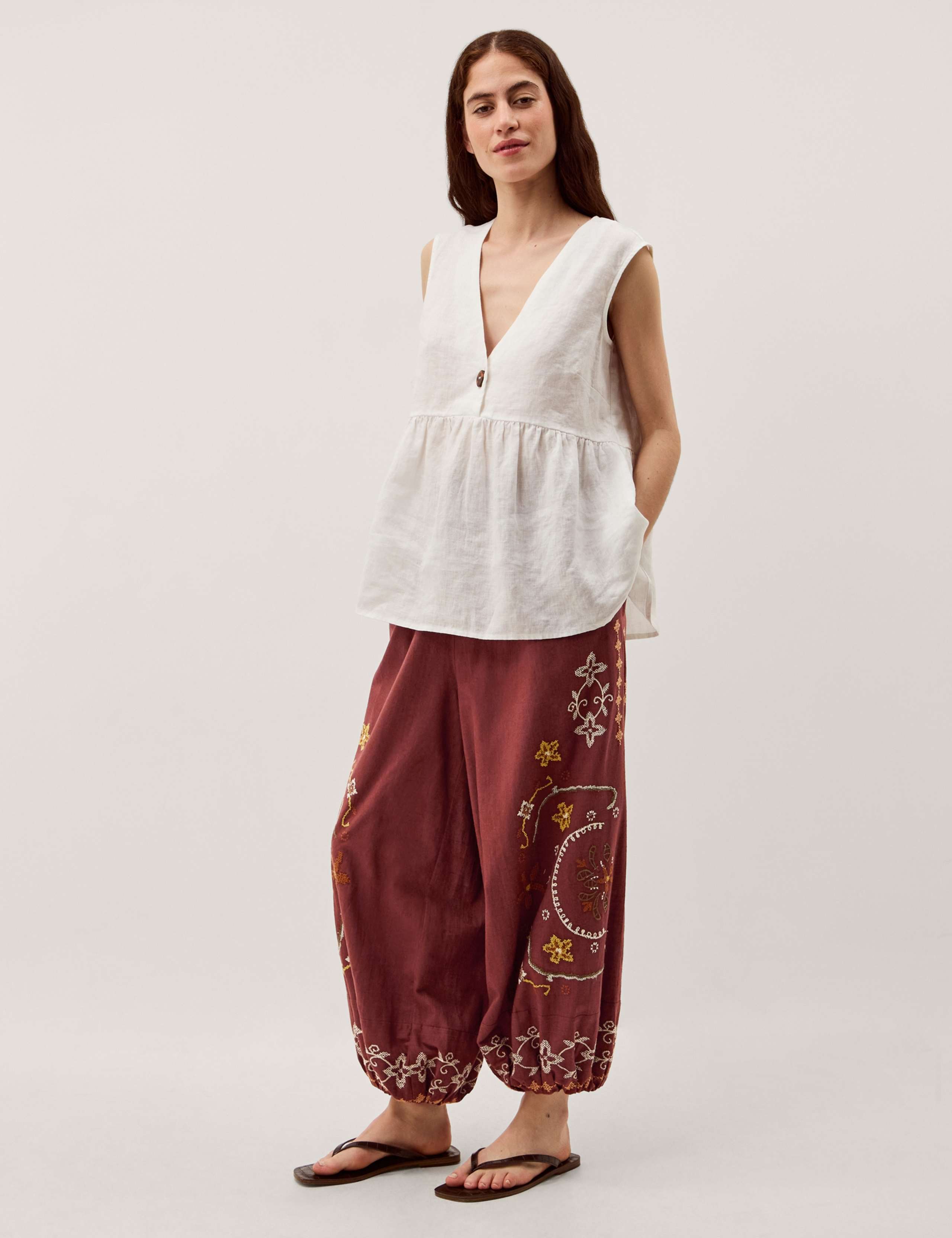 Pure Cotton Embroidered Wide Leg Trousers 3 of 5