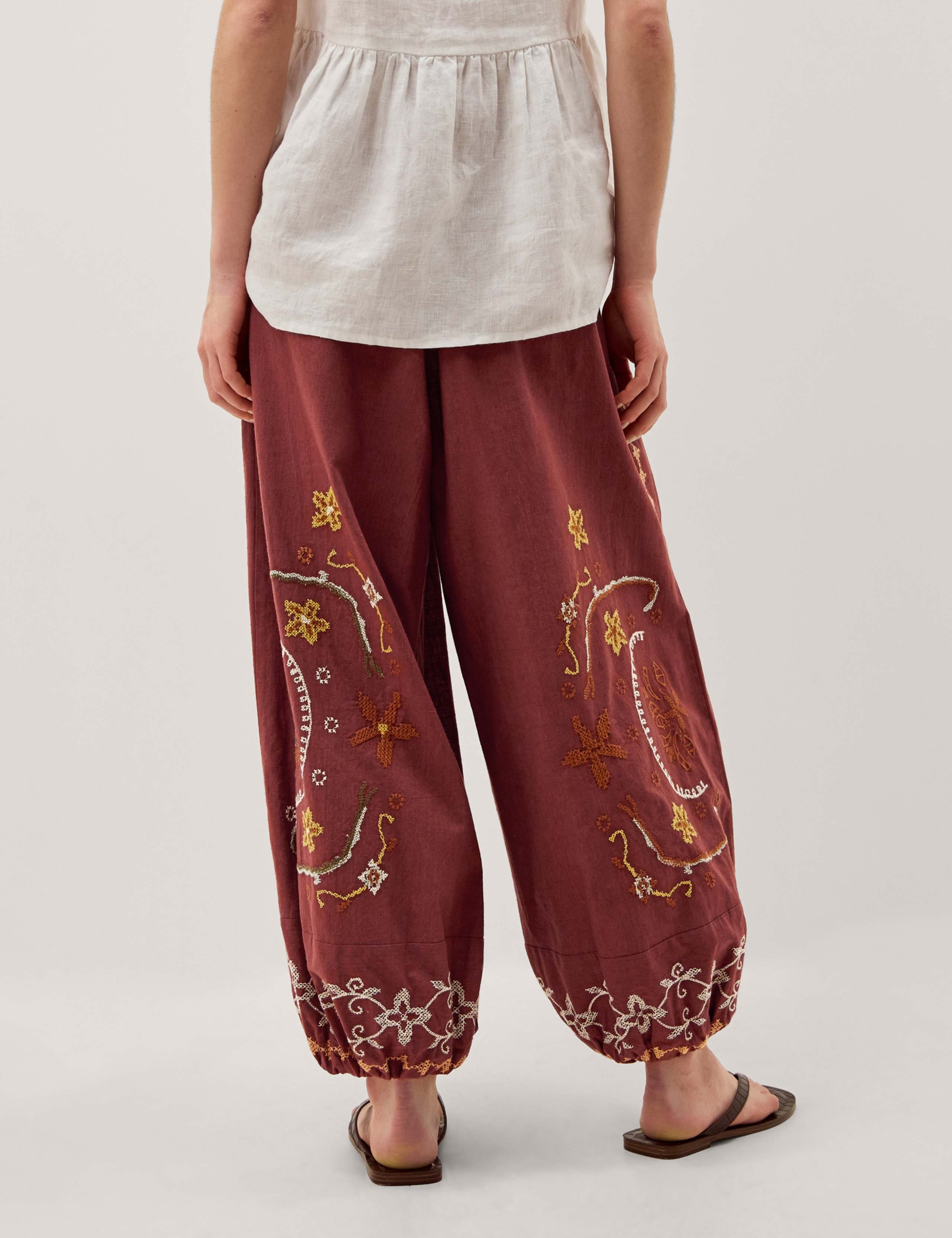 Pure Cotton Embroidered Wide Leg Trousers 4 of 5