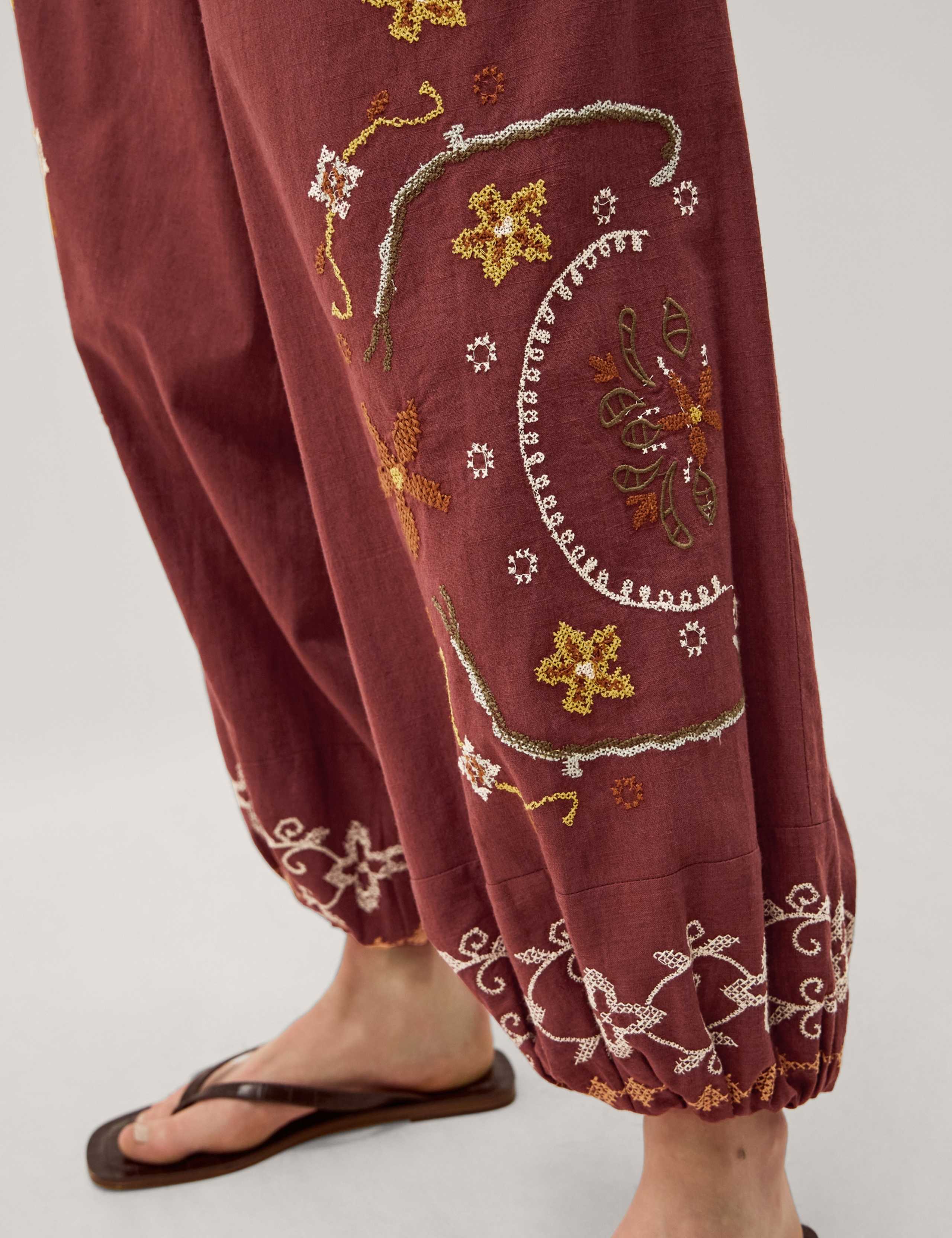 Pure Cotton Embroidered Wide Leg Trousers 5 of 5