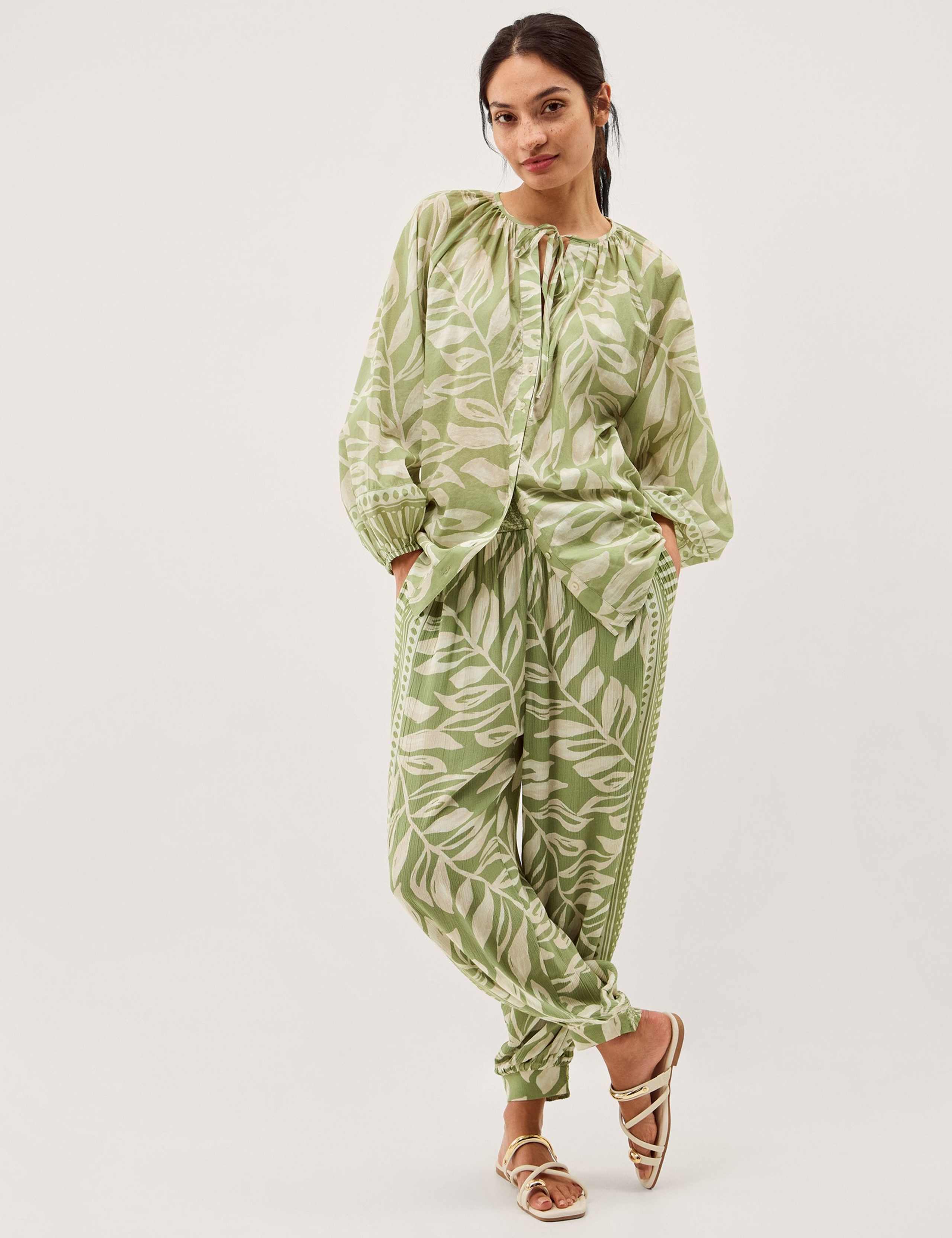 Pure Cotton Leaf Print Tie Neck Blouse 3 of 5