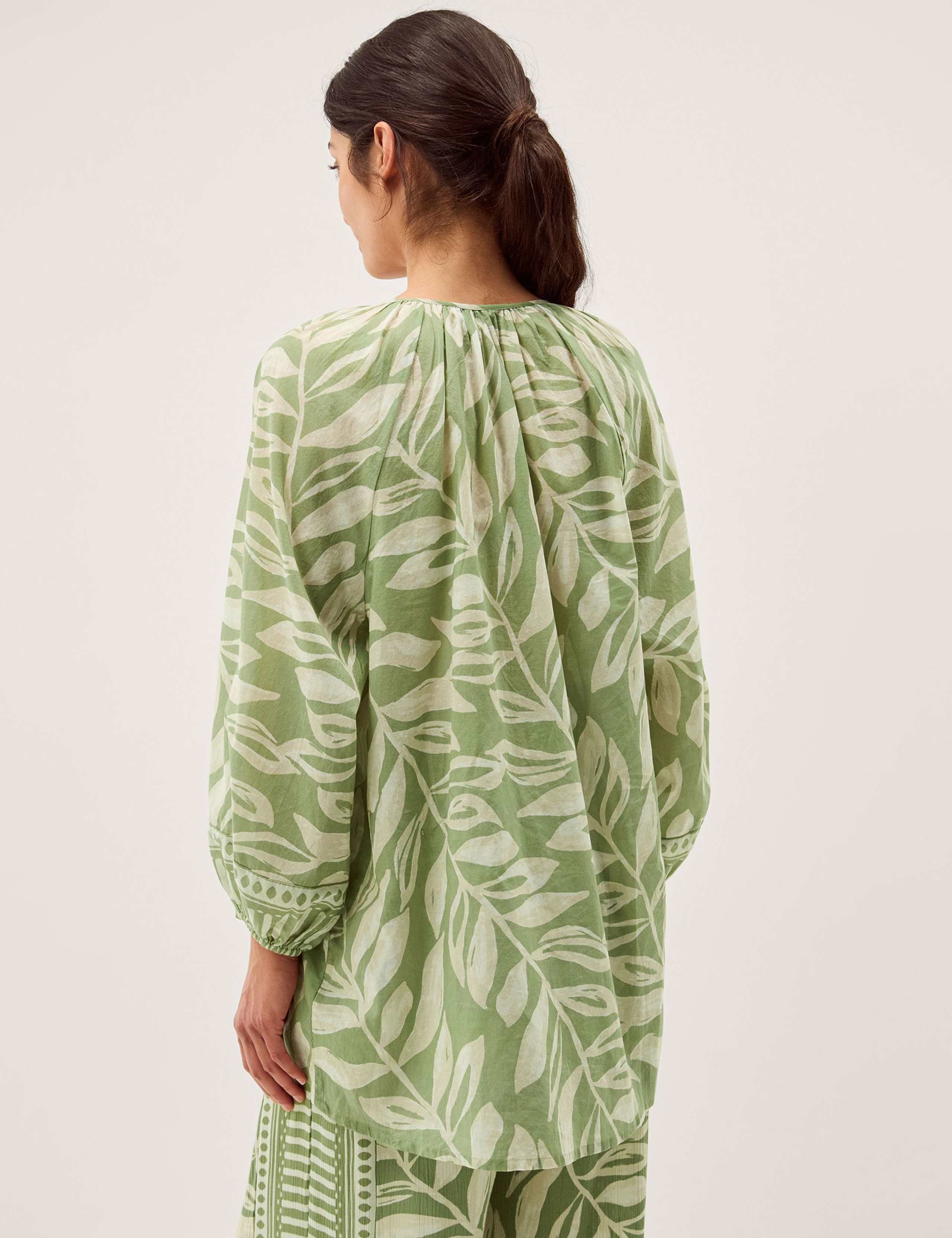 Pure Cotton Leaf Print Tie Neck Blouse 4 of 5