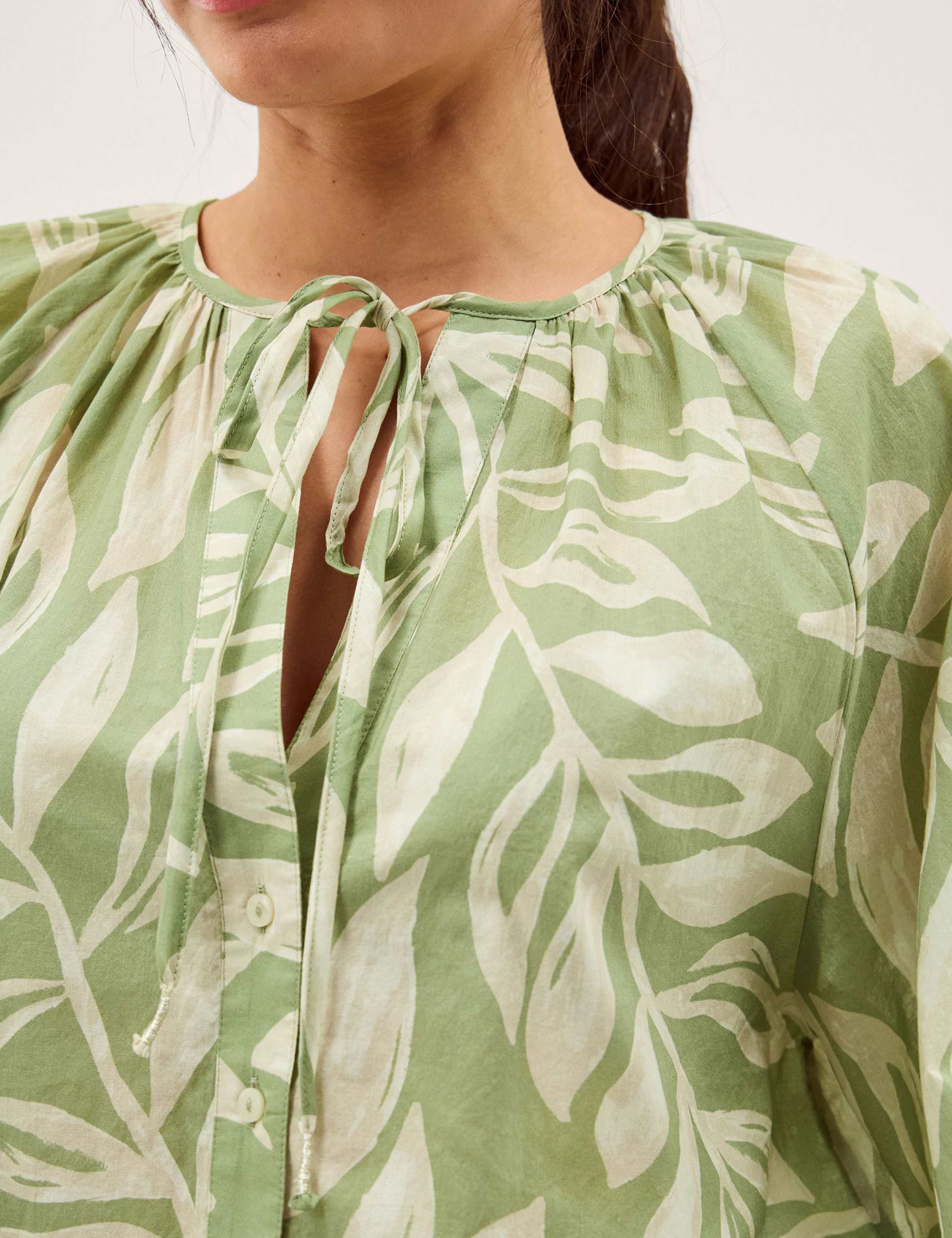 Pure Cotton Leaf Print Tie Neck Blouse 5 of 5