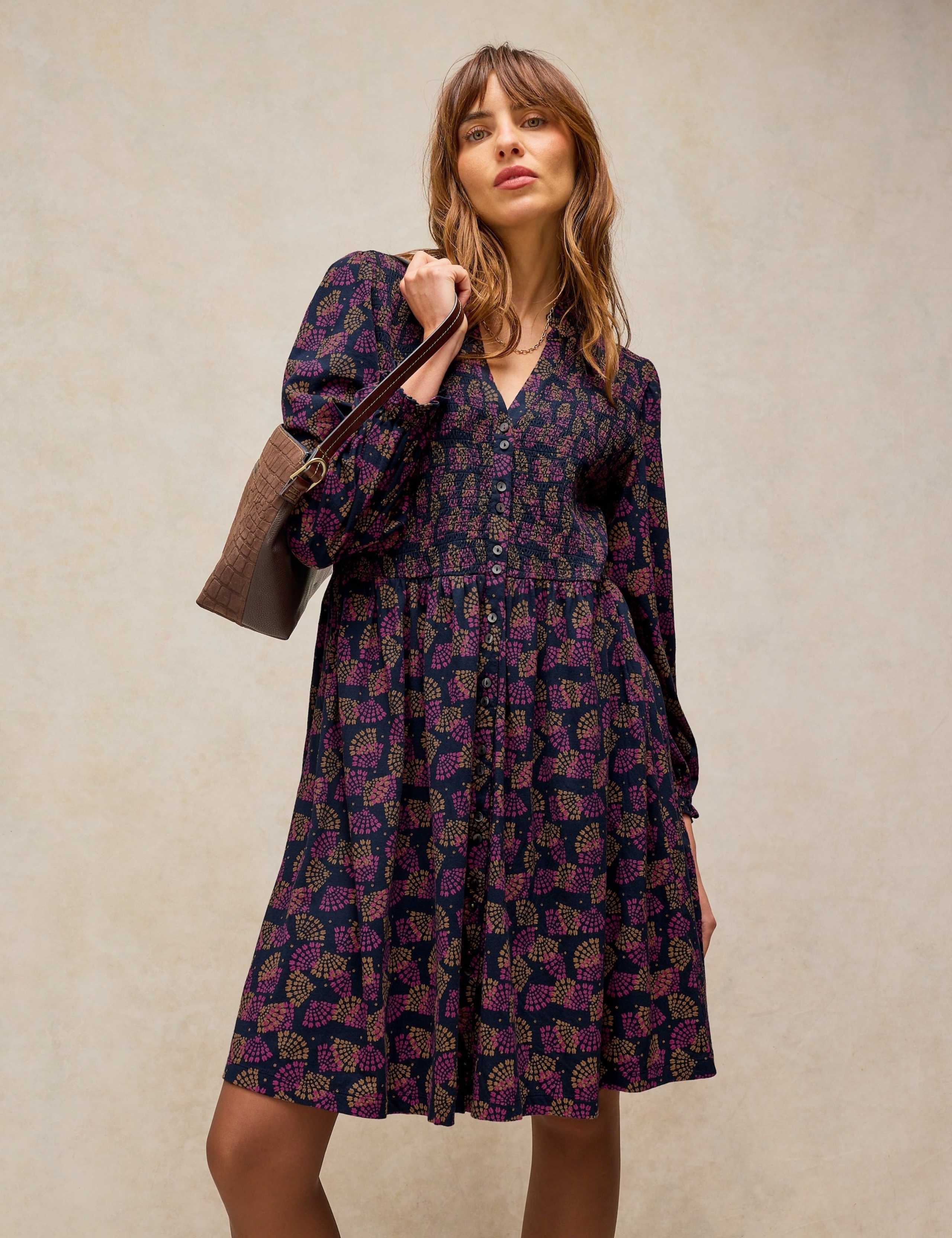 Cotton Blend Collared Shirred Fit And Flare Dress 1 of 6