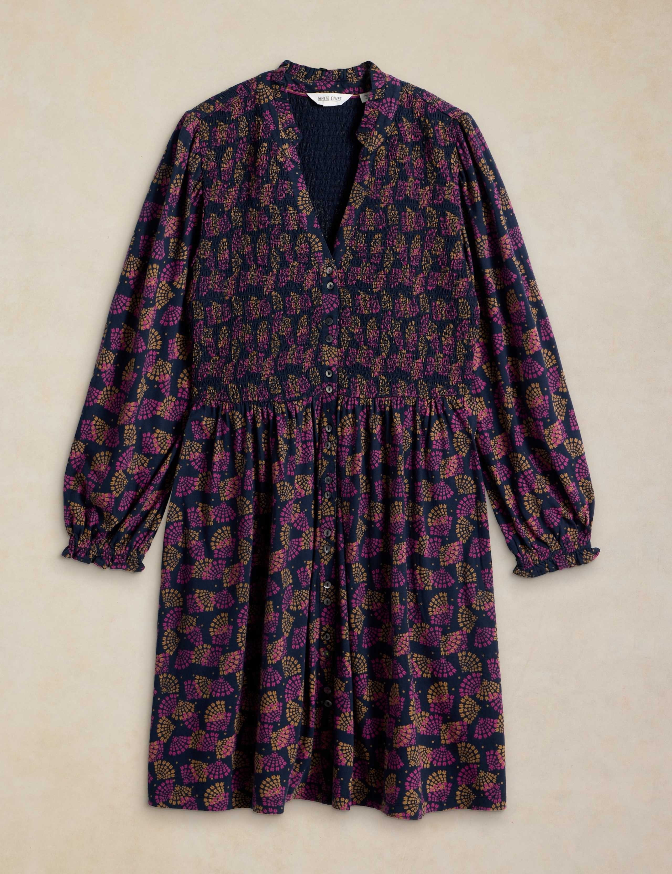 Cotton Blend Collared Shirred Fit And Flare Dress 2 of 6