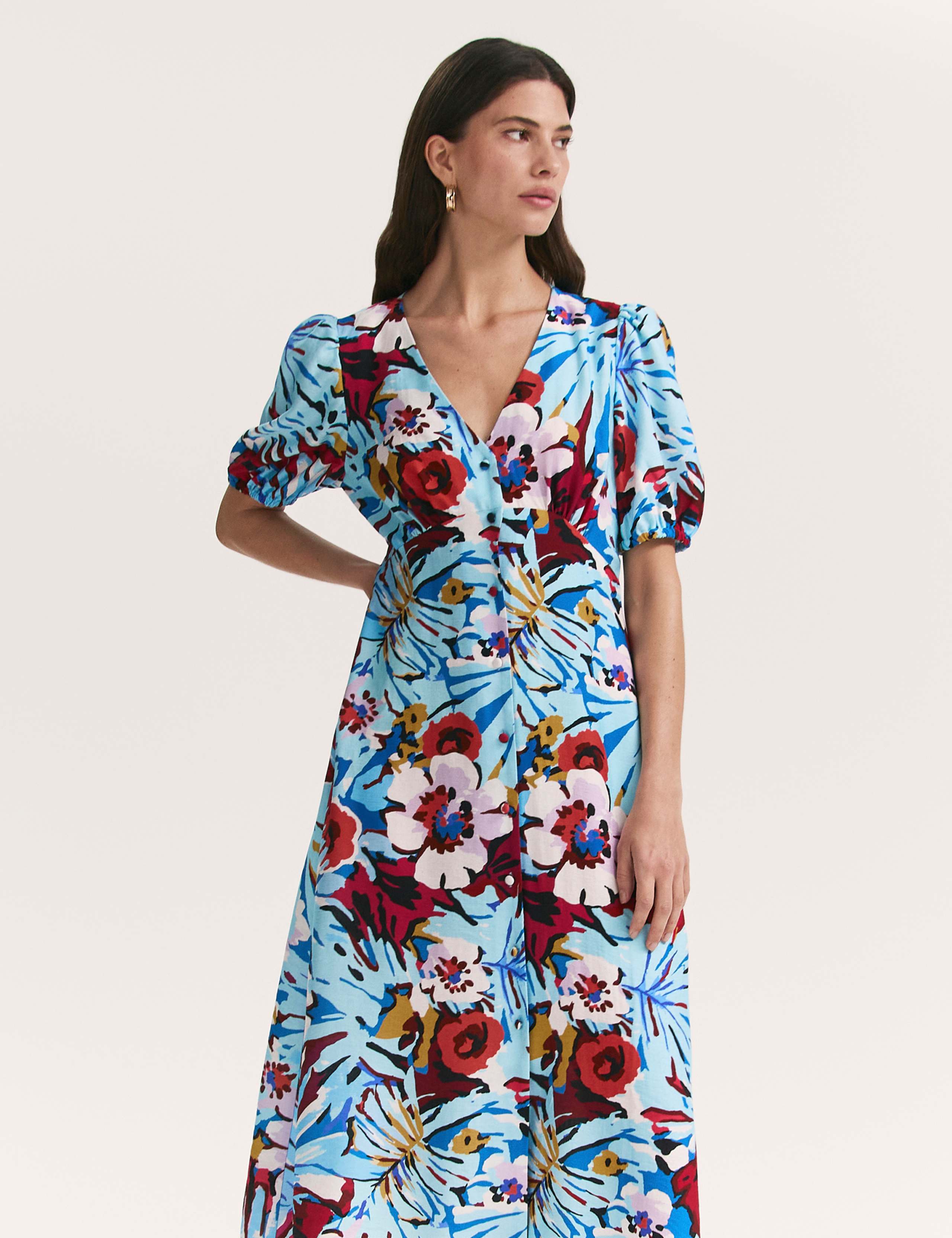 Floral V-Neck Button Through Midi Tea Dress 2 of 4