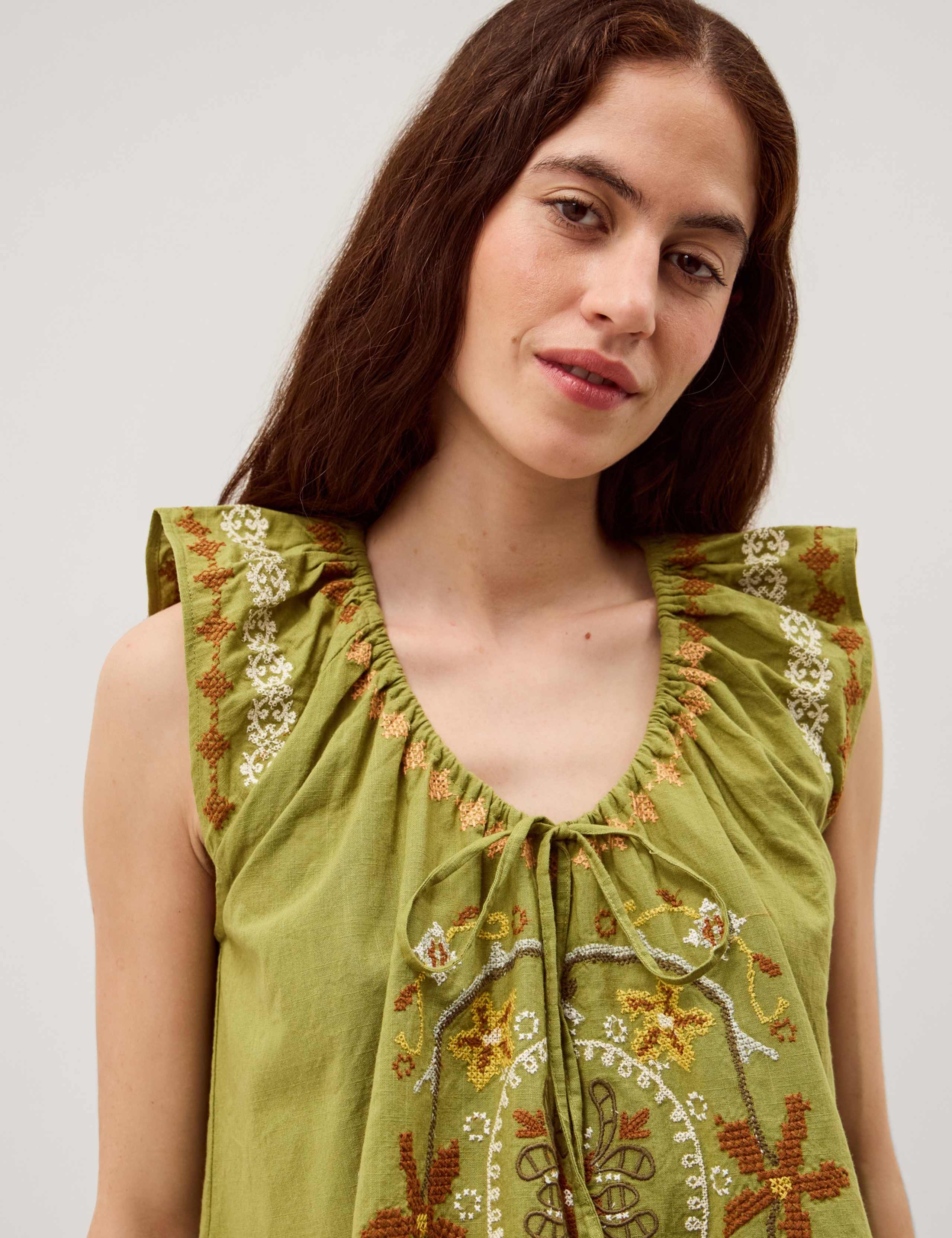 Pure Cotton Embroidered Tie Neck Blouse 5 of 5