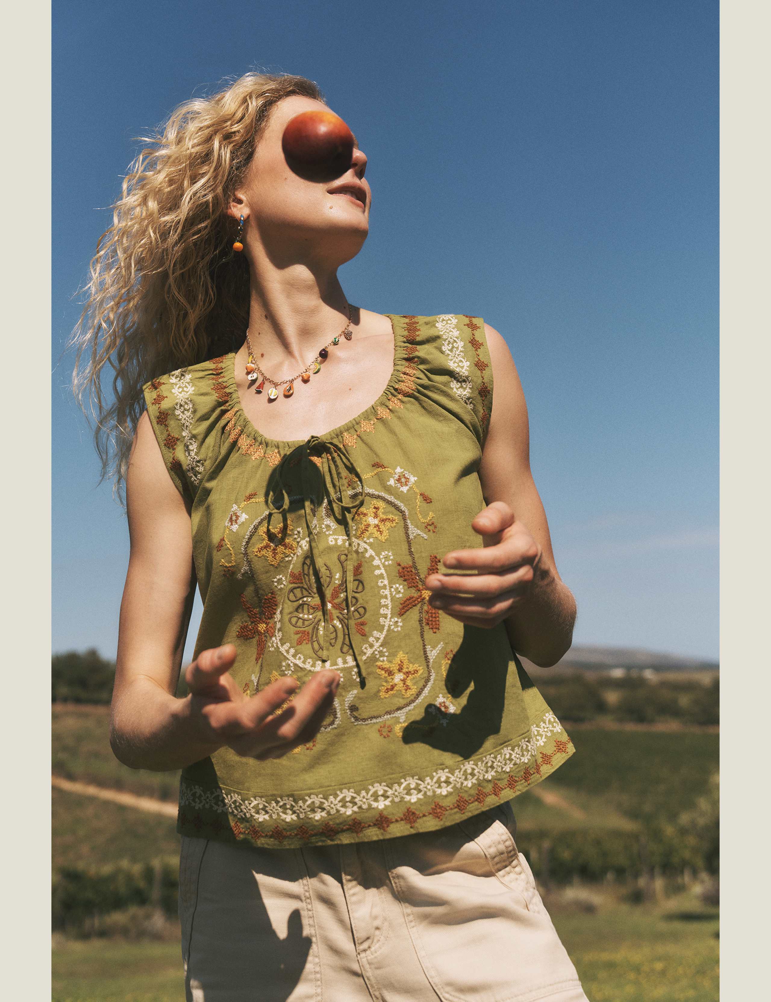 Pure Cotton Embroidered Tie Neck Blouse 6 of 7